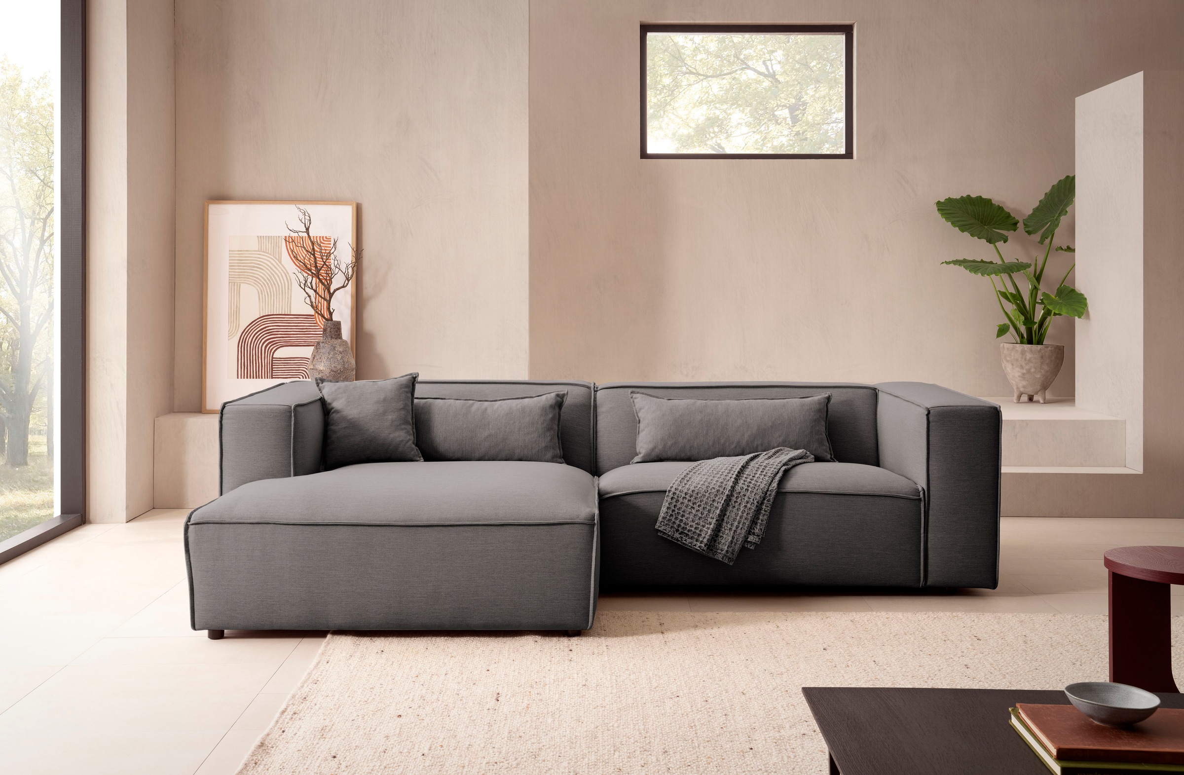 LeGer Home by Lena Gercke Ecksofa »PIARA mit Kedernaht in Cord oder Leinenoptik, moderne Couch in L-Form«, wahlweise Ottomane rechts/links, schwarze Füße, bequemer Sitzkomfort