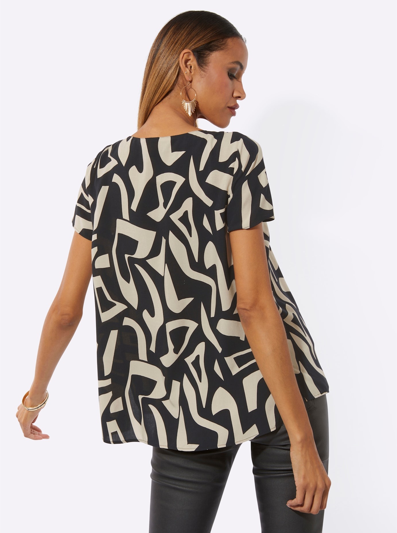 Creation L Women's Short Sleeve Blouse Sand/Black Patterned Size 50 2
