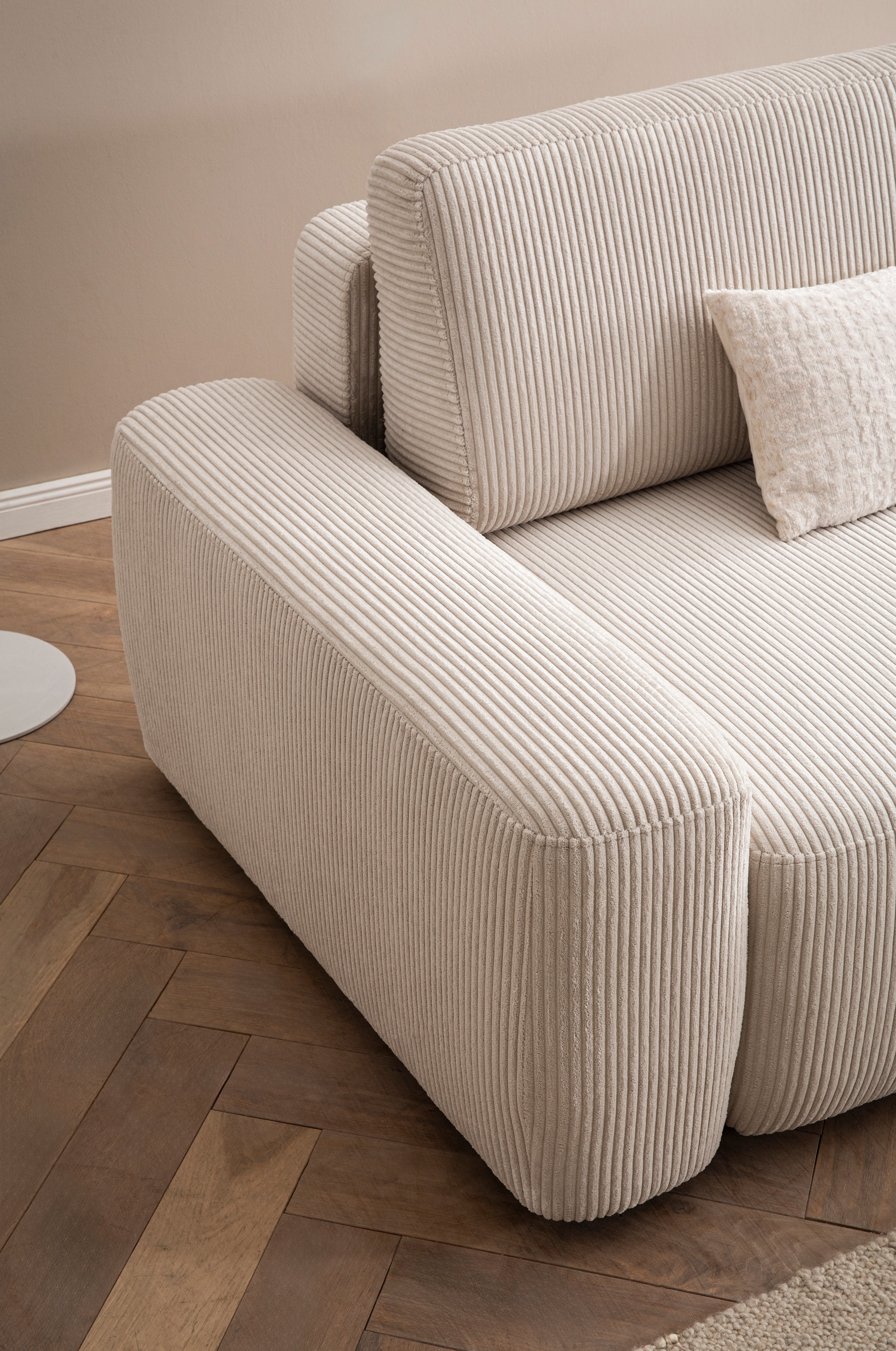 INOSIGN 3-Sitzer »TORGE (257cm), Sofa,Schlafsofa in Cord, Samtvelours, Struktur fein«, rundes Design, Schlaffunktion u. Bettkasten, Liegefläche: 135/200 cm