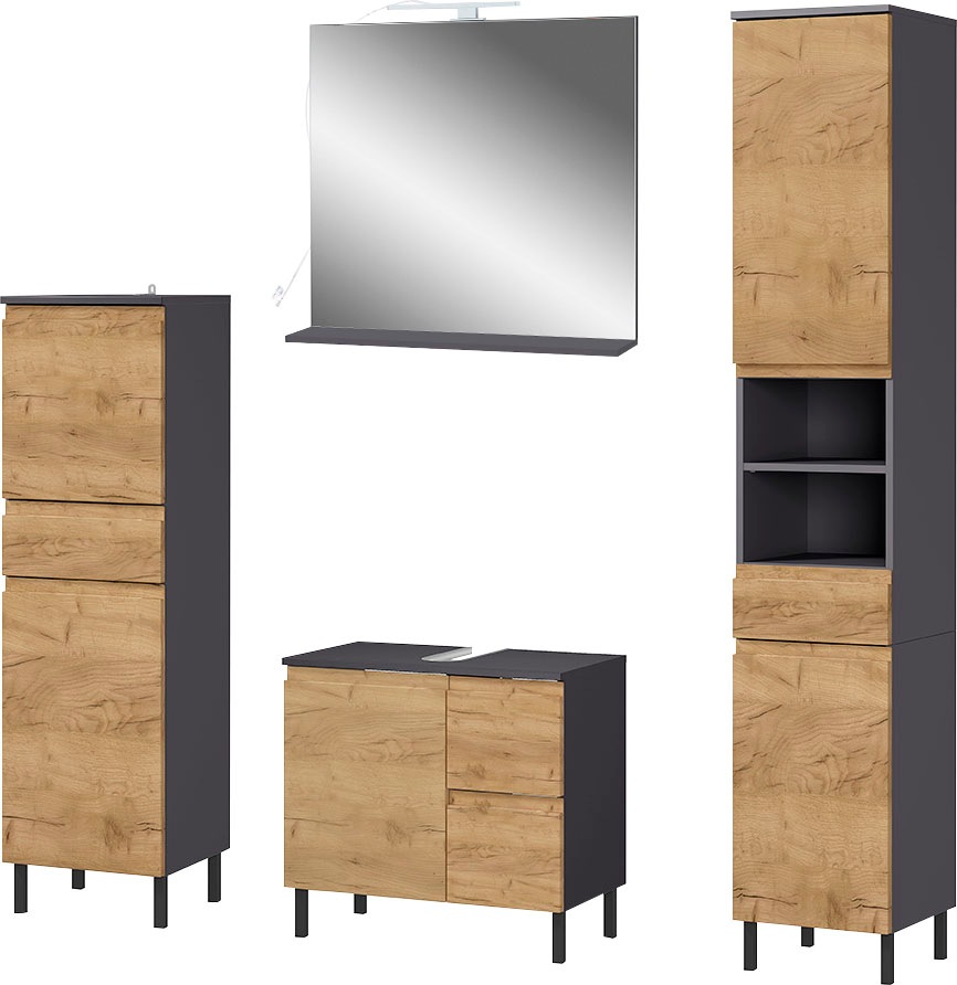 GERMANIA Badmöbel-Set Scantic, (Set, 4 St.), aus Midischrank, Spiegel, Waschbeckenunterschrank, Hochschrank, inklusive Beleuchtung, grifflose Optik, MDF-Fronten