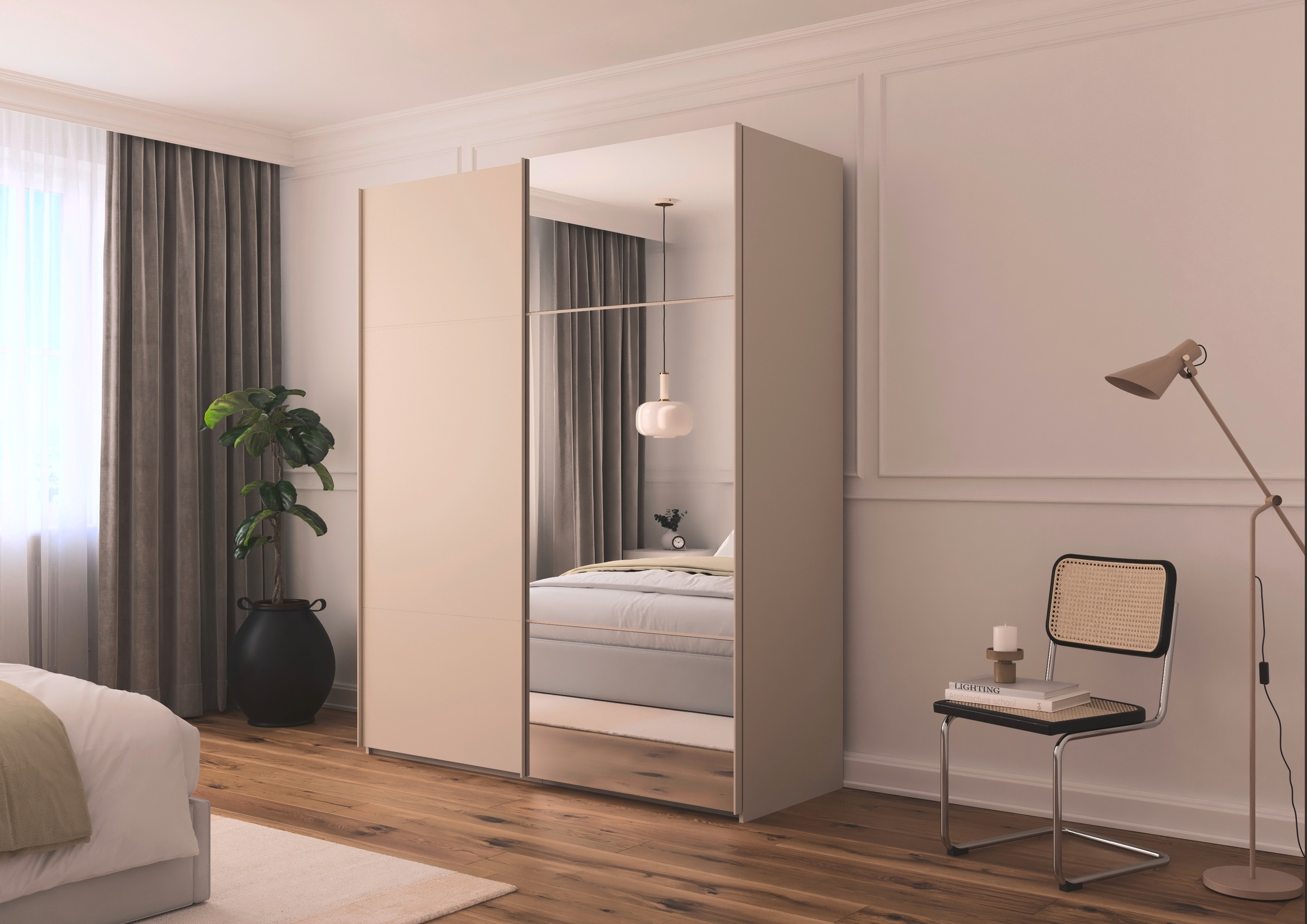 rauch Schwebetürenschrank »Kleiderschrank Schrank Garderobe Schlafzimmerschrank SCALE-TRIO«, edle dreigeteilte Front mit 2 Zierleisten und Spiegel MADE IN GERMANY