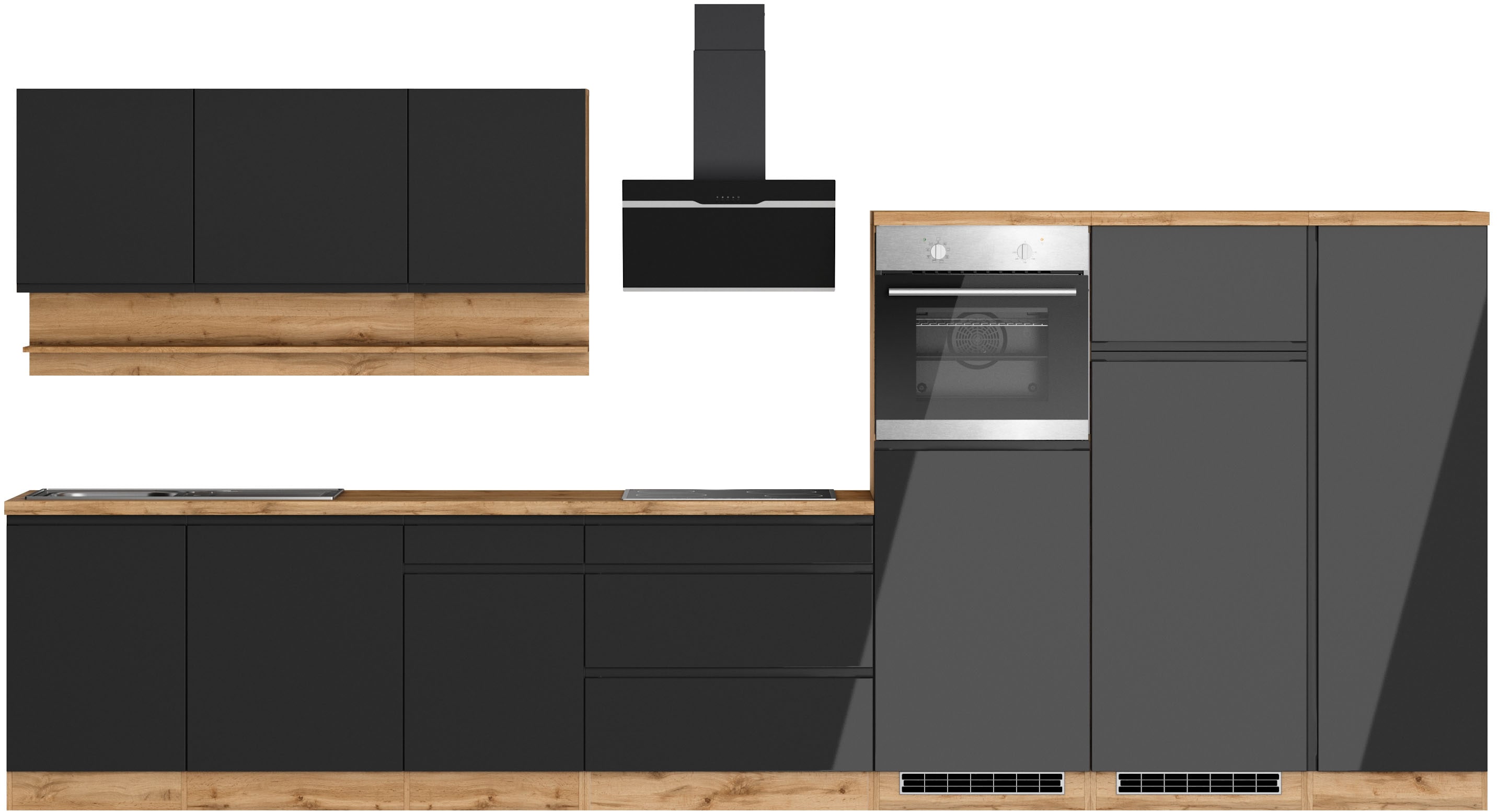 KOCHSTATION Küchenzeile "KS-Virginia,neu in verbesserter Ausführung" Arbeitsplatte 38 mm stark, Stauraum, Softclose, Breite 410 cm, Softclose, wahlweise mit E-Geräten und Induktion