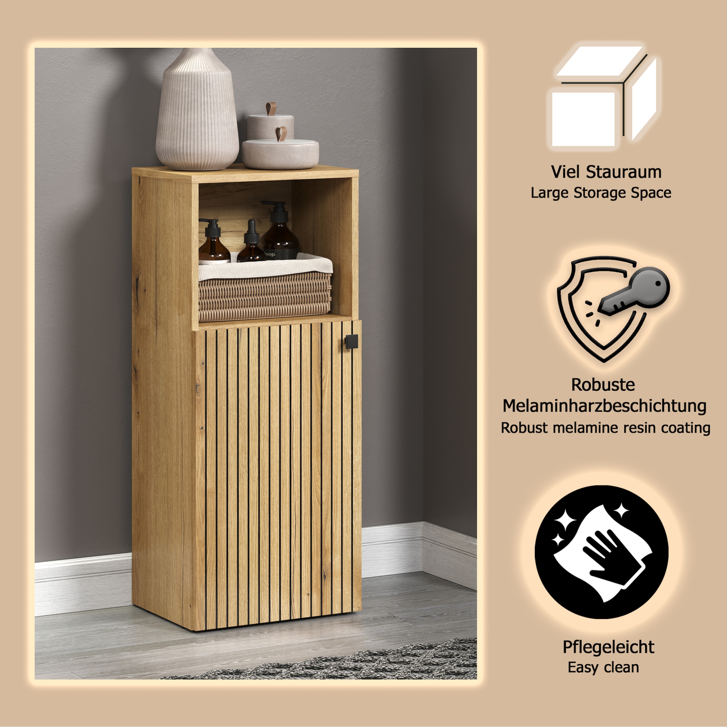 welltime Unterschrank »Amrum«, (1 St.), Badschrank mit offenem Fach und Rillenoptik - Maße (B/T/H) 40/31/95 cm
