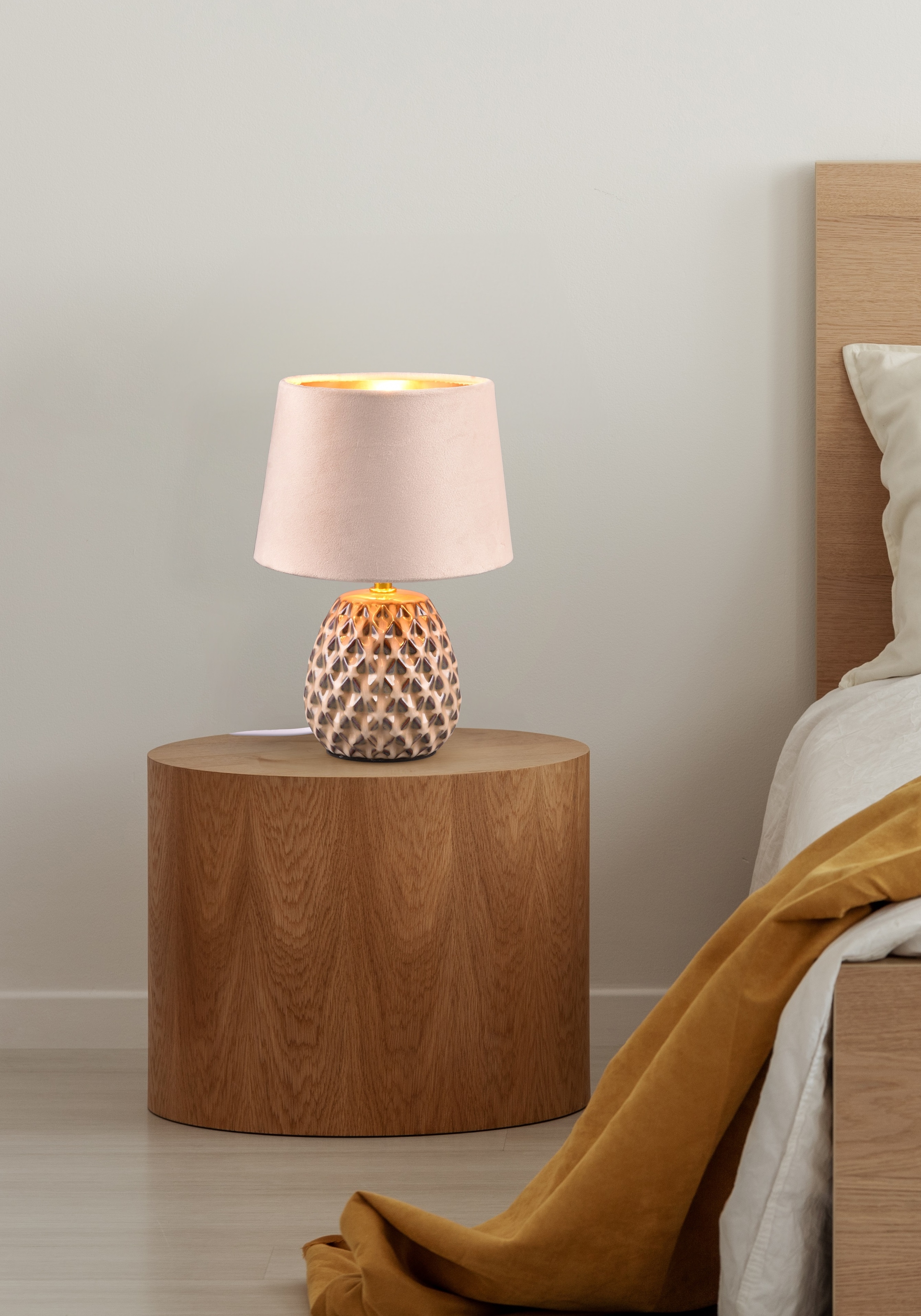 REALITY Leuchten Schreibtischlampe »ARIANA Tischleuchte exkl 1xE14 max40W Höhe 27cm Ø 18cm Nachttischlampe«, 1 flammig, Leuchtmittel E14 | Leuchtmittel wechselbar, Struktur Keramik Samt Schirm innen gold,Tischlampe mit Schnurschalter