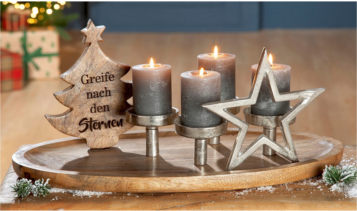 GILDE Kerzentablett "Adventsleuchter Sternmotiv, naturfarben, silberfarben" günstig online kaufen