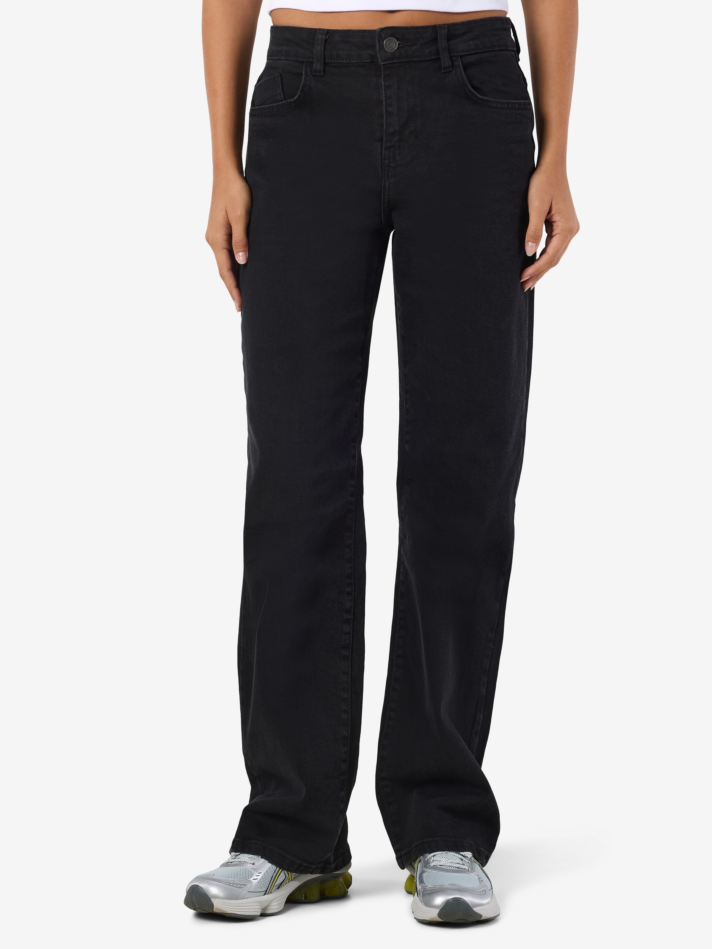 Straight-Jeans NOISY MAY "NMYOLANDA NW WIDE JEANS BLACK NOOS", Damen, Gr. 27, Länge 30, schwarz (schwarz denim), Denim/Jeans, Obermaterial: 99% Baumwolle, 1% Elasthan, unifarben, straight fit lang, Jeans Straight-Jeans, extra lang