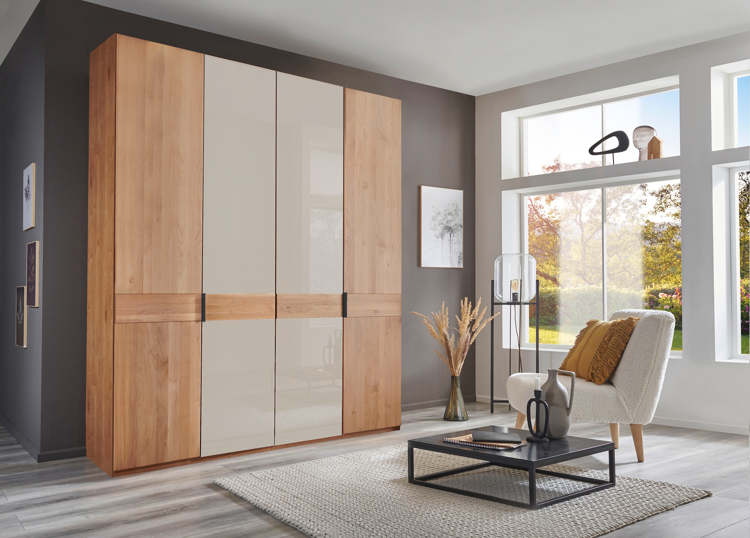 WIEMANN Kleiderschrank "Cardiff, Massivholztüren in Kombination mit Glas- oder Spiegeltüren" 4 Breiten, 2 Höhen 216/236cm auswählbar, hochwertiges Design in langlebiger Qualität, viel Stauraum