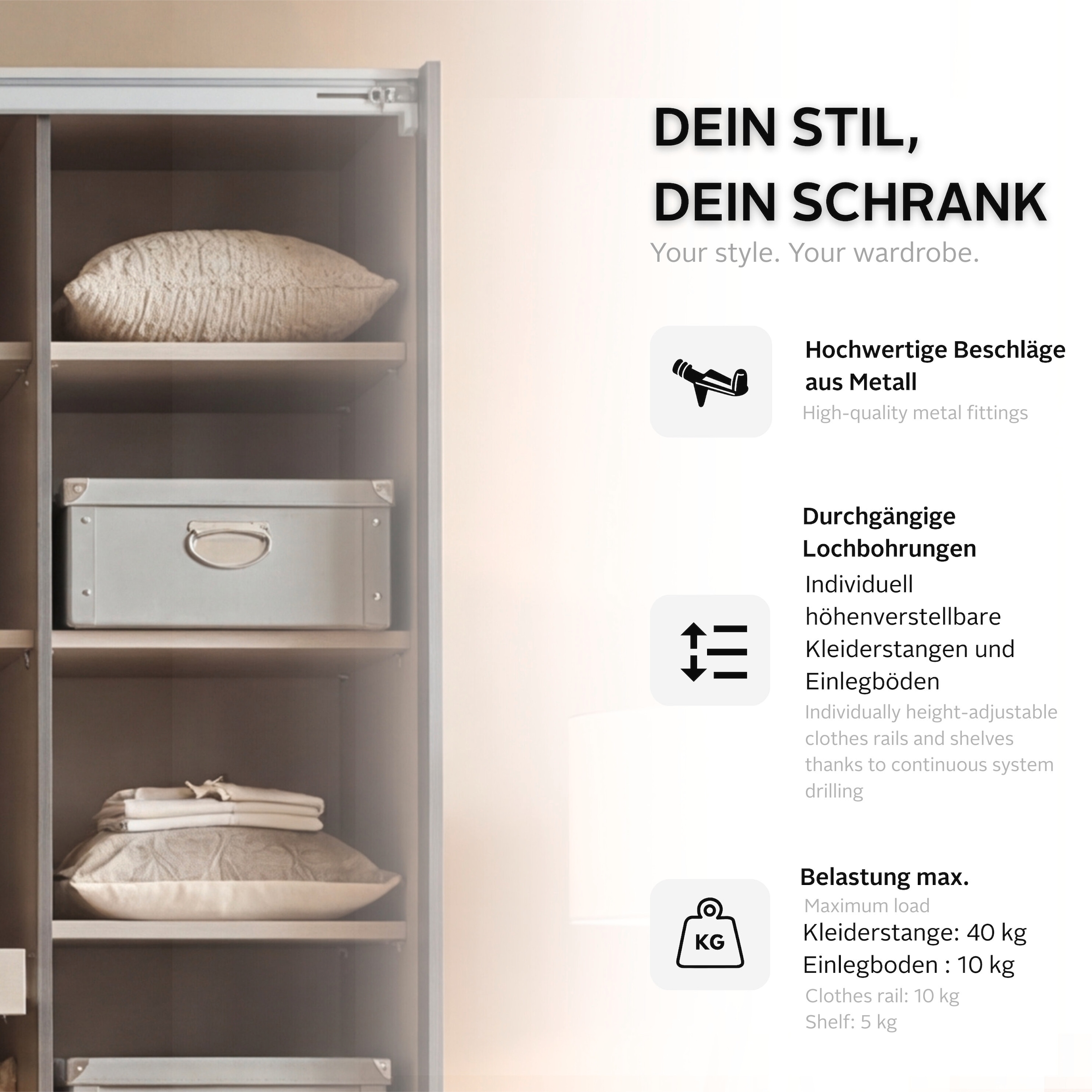 OTTO home Kleiderschrank »Schrank Garderobe ARVEN Breiten 181/226/271cm mit Beleuchtung« 3 verschiedene Ausstattungen BASIC/CLASSIC/PREMIUM (inkl. SOFT-CLOSE),  puristisches Design in Plankenoptik mit Metallgriffen MADE IN GERMANY