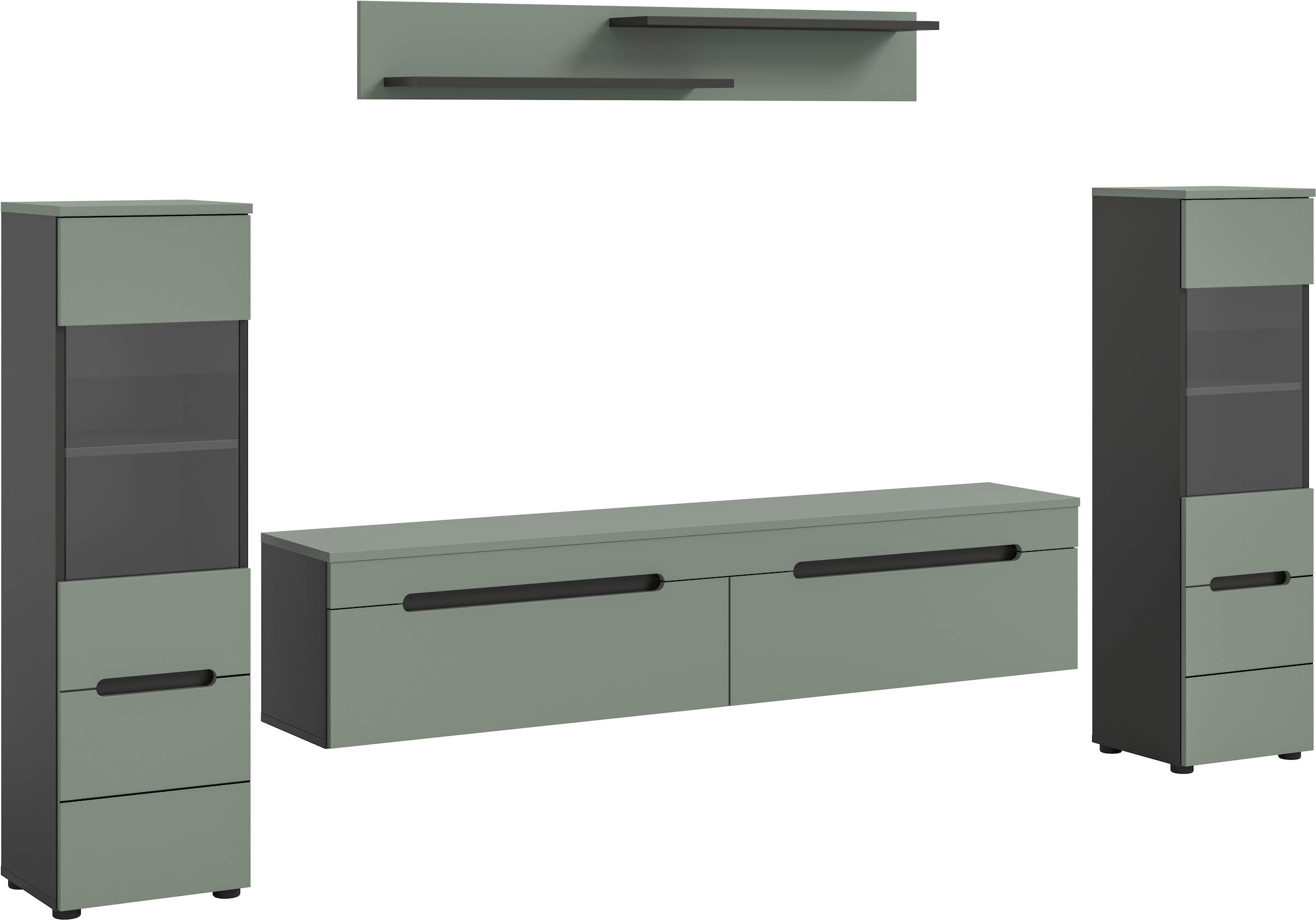INOSIGN Wohnwand »REHAT, TOPSELLER!, 4-teilig, wahlweise stehend und hängend montierbar«, (3 St., Set bestehend aus: 2x Vitrine, Lowboard und Wandboard), Kombination, Anbauwand, Set, Wohn-Set, Wohnzimmer-Set, Schrankwand