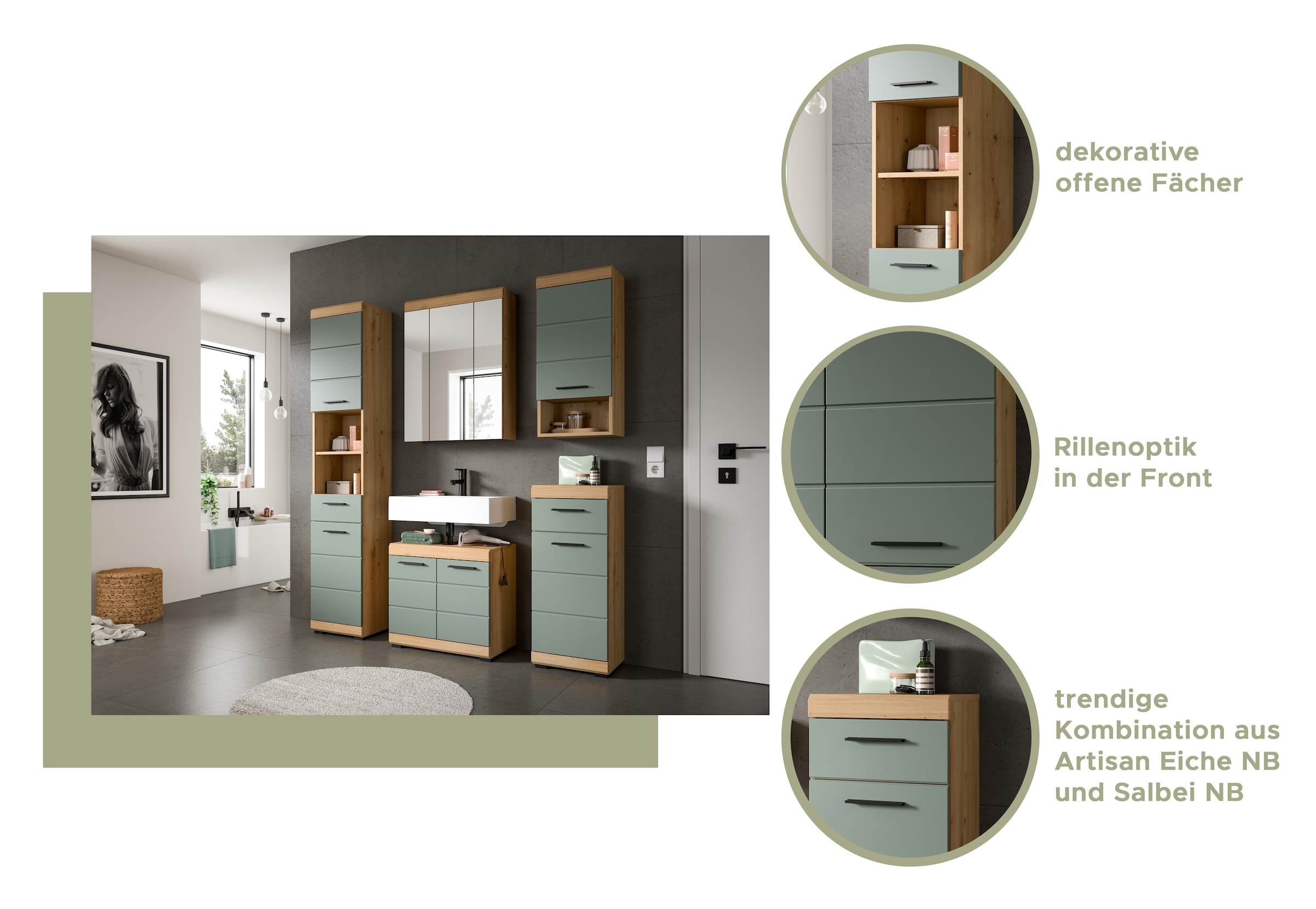 INOSIGN Hochschrank »Siena, Breite 74cm, 4 Türen, 1 Schubkasten, 2 offene Fächer, MDF-Front«, in verschiedenen Farben erhältlich, Badmöbel, Badschrank, Schrank, Bad