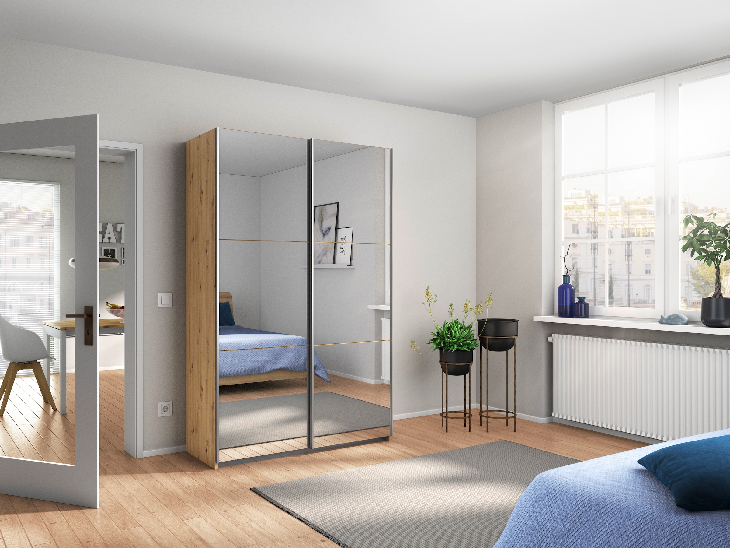 rauch Schwebetürenschrank »Kleiderschrank Schrank Garderobe REFLECT«, inkl. praktischer Innenausstattung mit 2 Stoffboxen MADE IN GERMANY
