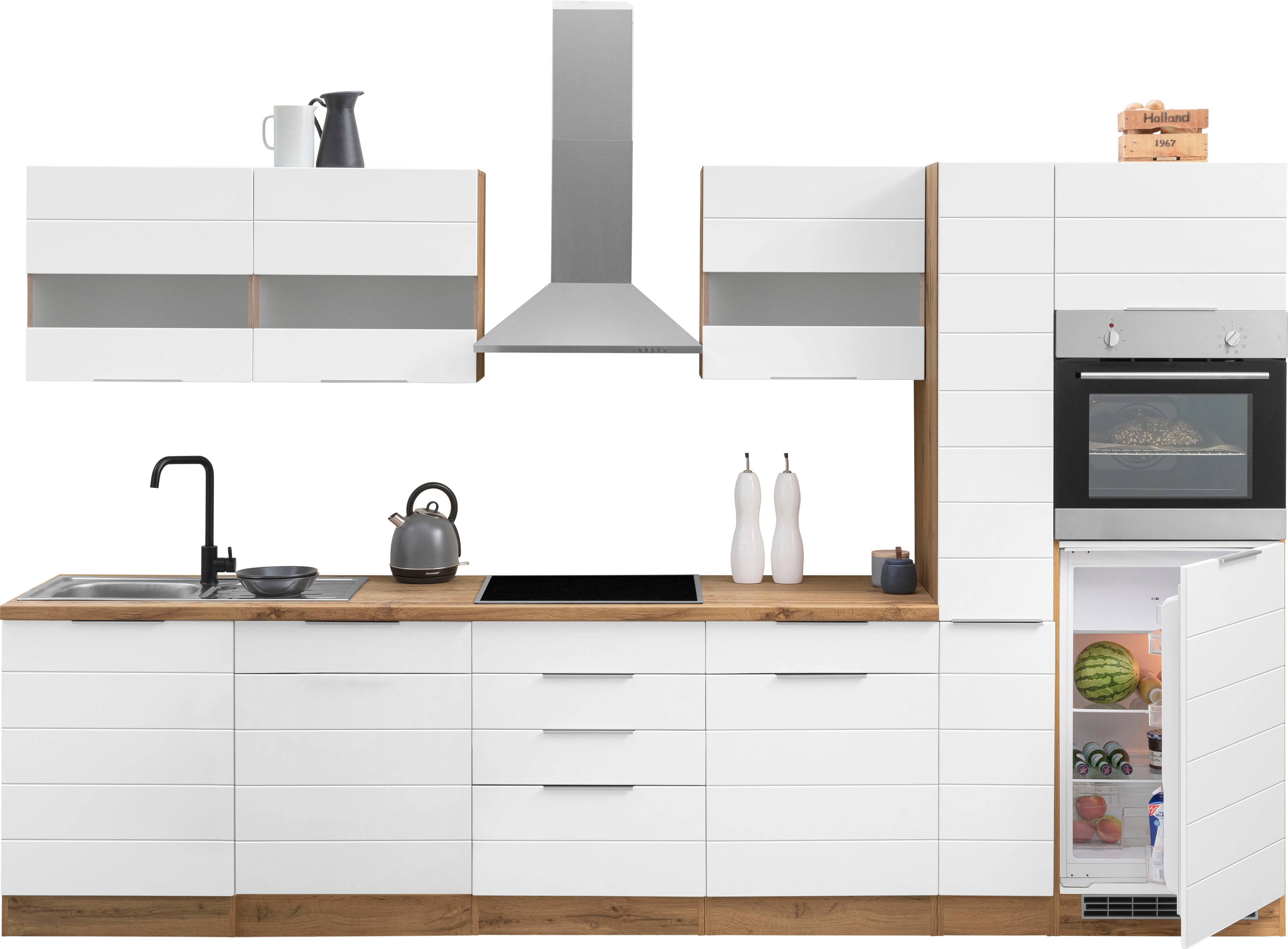 KOCHSTATION "KS-Luhe" 330 cm breit, wahlweise mit oder ohne E-Geräten, gefräste MDF-Fronten