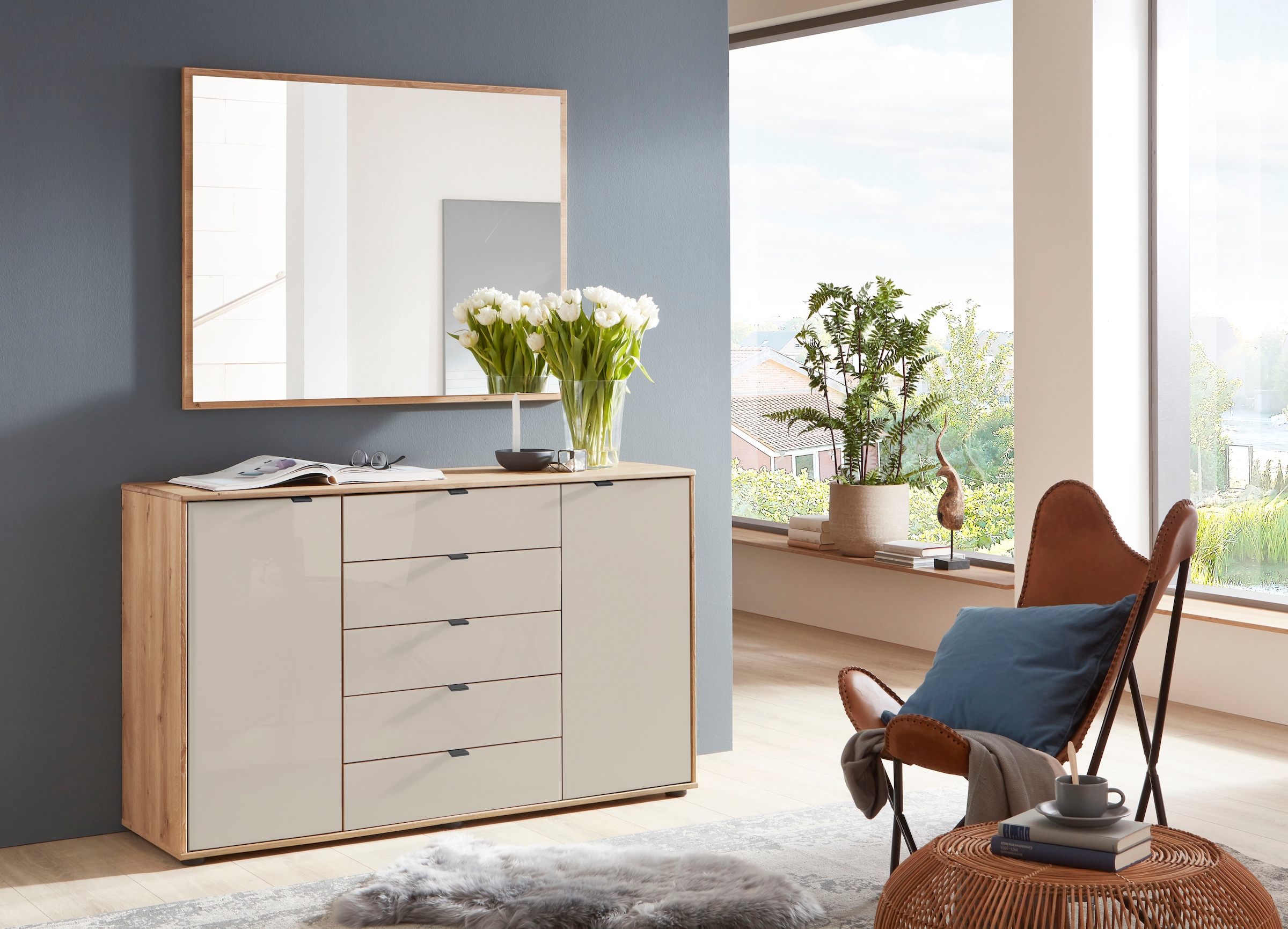 WIEMANN Kombikommode »Cardiff Sideboard, Wäscheschrank, teilmassiv Bianco-Eiche, Schubladen«, (Kommode 141x86x43 cm, braun, mit Dämpfung, MADE IN GERMANY), verschiedenen Ausführungen, inklusive Einlegeböden