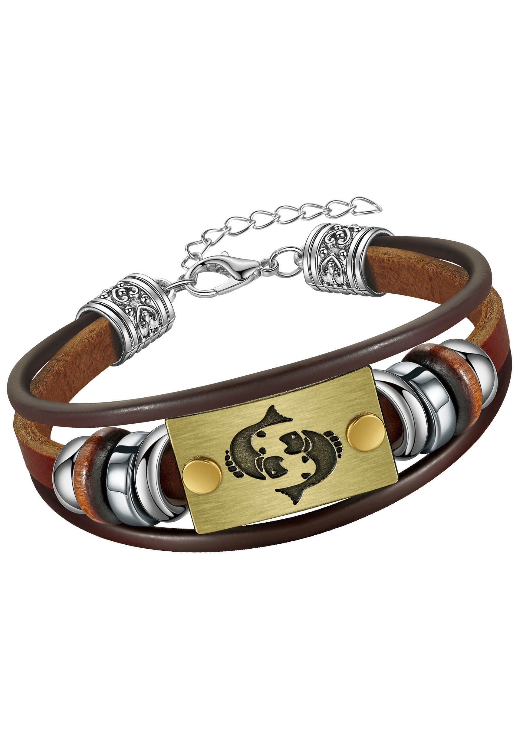 FIRETTI Damen Armband "Schmuck Geschenk Armschmuck Armkette Edelstein Sternzeichen", 20cm, Fische, Edelstahl Leder Messing, bunt, Edelstahl, Leder,