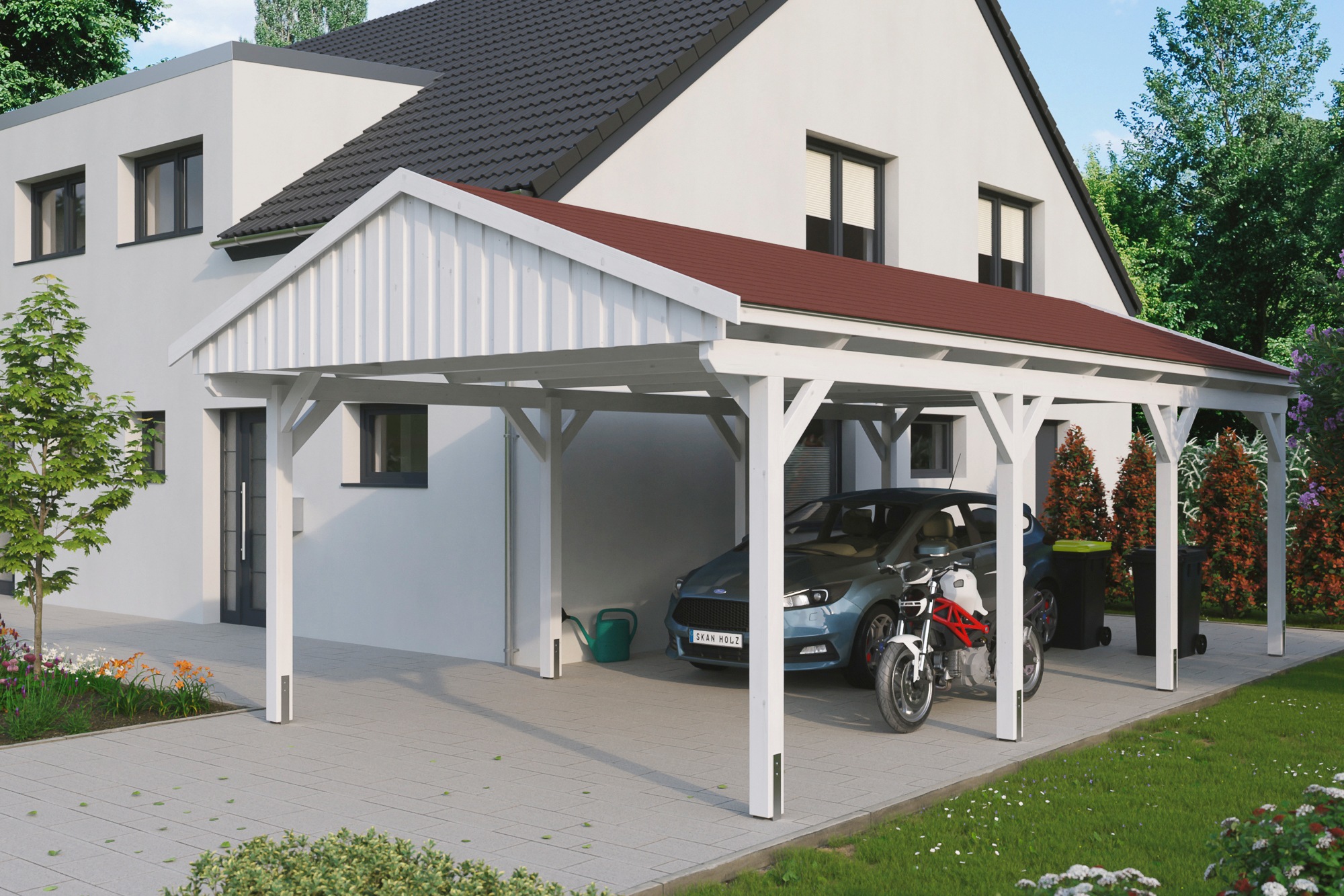 Skanholz Einzelcarport "Fichtelberg", Leimholz-Nordisches Fichtenholz, weiß, mit roten Schindeln