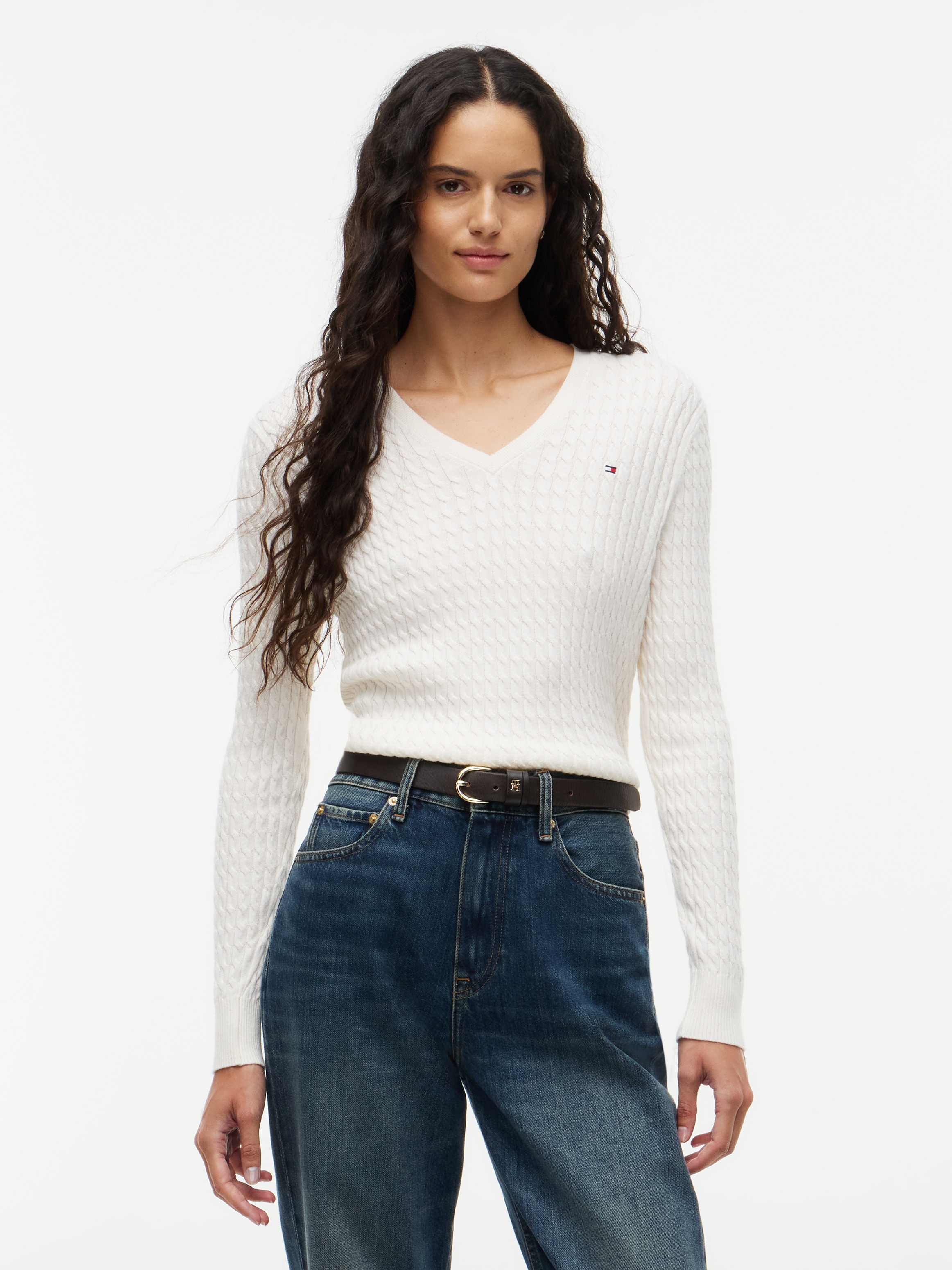 Tommy Hilfiger Strickpullover "CO CABLE FINE GG V-NK LS SWT" Baumwolle, mit Zopfmuster