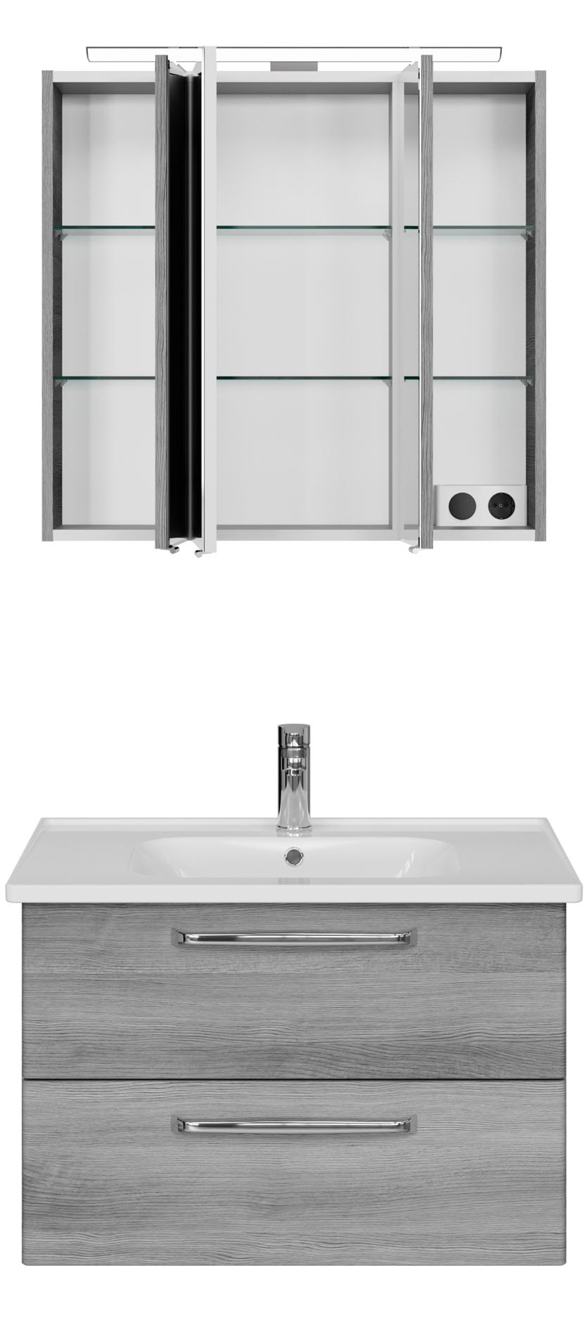 Saphir Badmöbel-Set »Trentino 2-teilig Keramik-Waschtisch, Spiegelschrank mit LED-Leuchte«, (3 St.), Badmöbel-Set 79cm breit, inkl. Türdämpfer, 3 Türen, 2 Auszügen