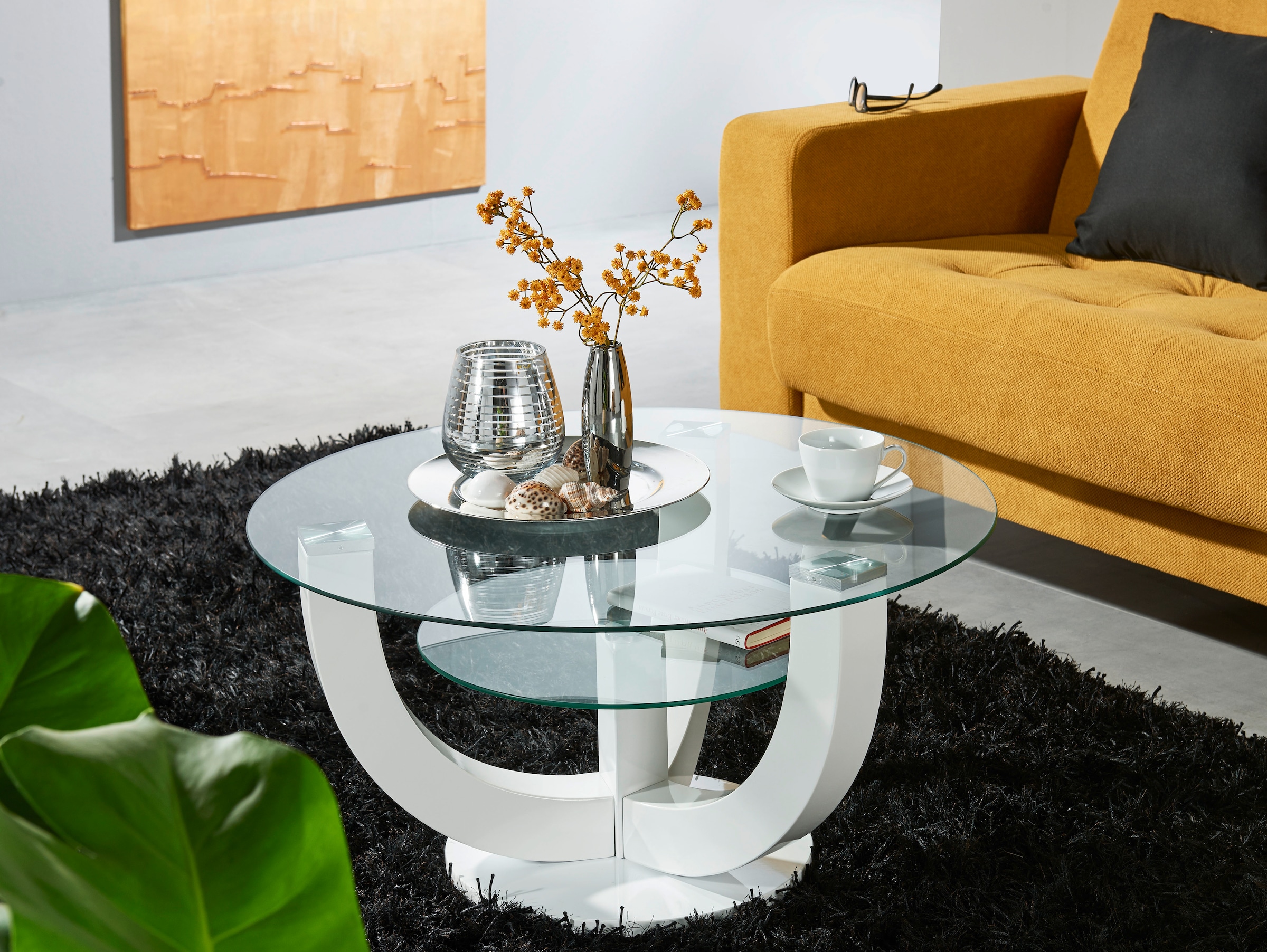 HBZ Couchtisch »Denver, TOPSELLER!«, (Couchtisch), rund mit Glas, Tisch -Gestell weiß hochglanz