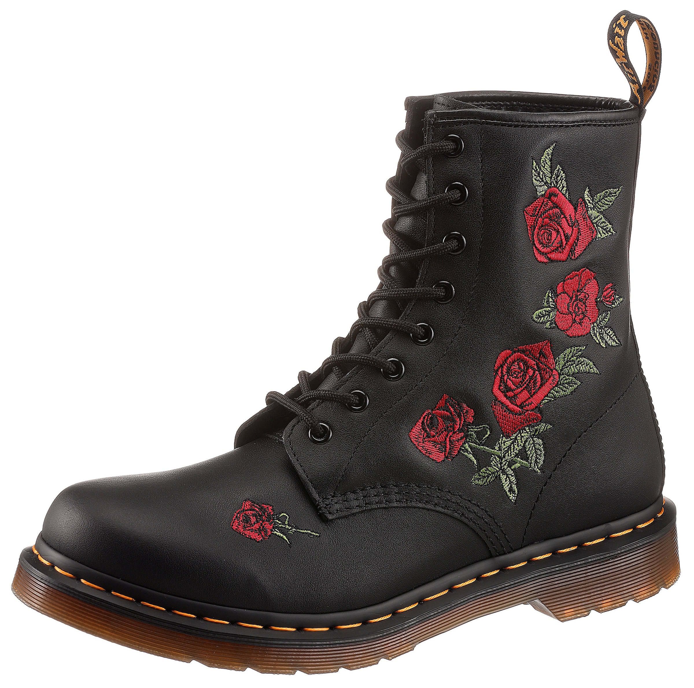 DR. MARTENS Schnürboots "Vonda",Blockabsatz,Schnürschuh,Stiefelette, Blüten-Stickerei - schmale Form