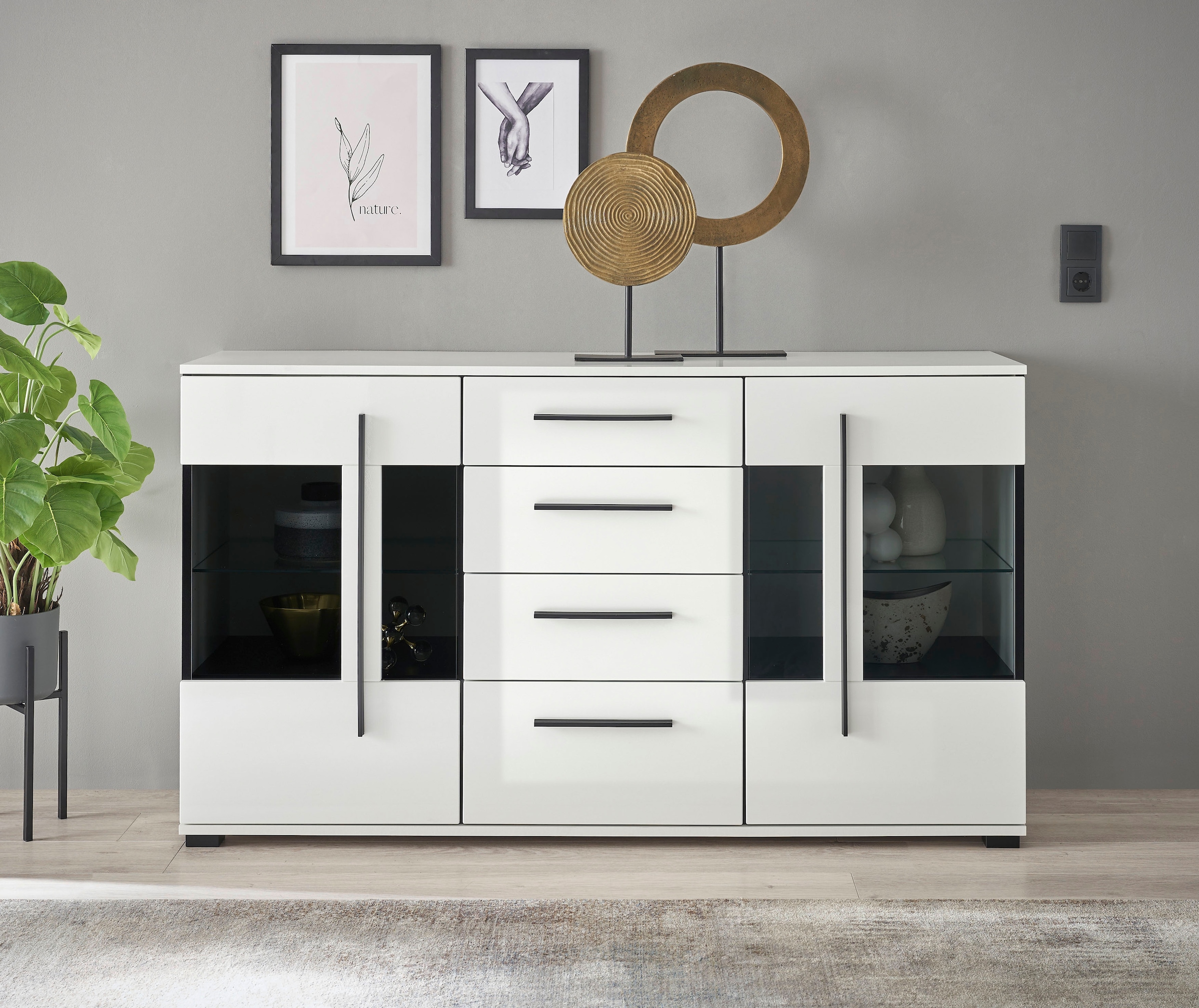 Home affaire Sideboard "Cantara, moderner Schrank, Kommode in Eiche Evoke, Weiß oder Kaschmir" schwarze Stangengriffe, ausreichend Stauraum, vielseitig einsetzbar