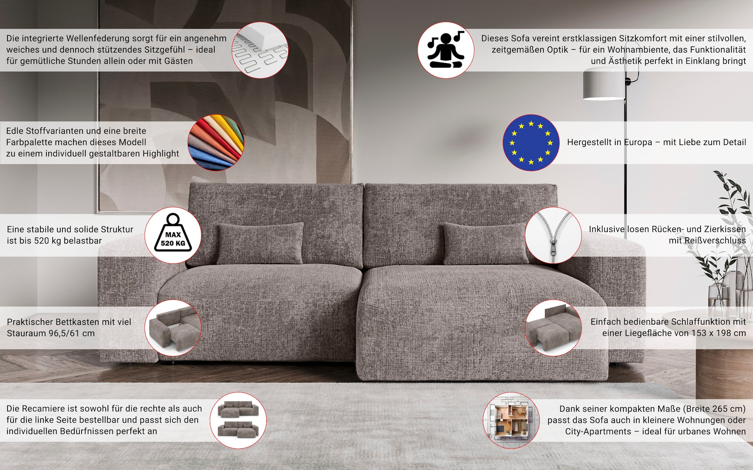 OTTO home Ecksofa »MATTS Schlafsofa mit Bettkasten, Maße B/T/H: 265/159/89 cm«, L-Form mit Recamiere rechts oder links, hoher Sitzkomfort