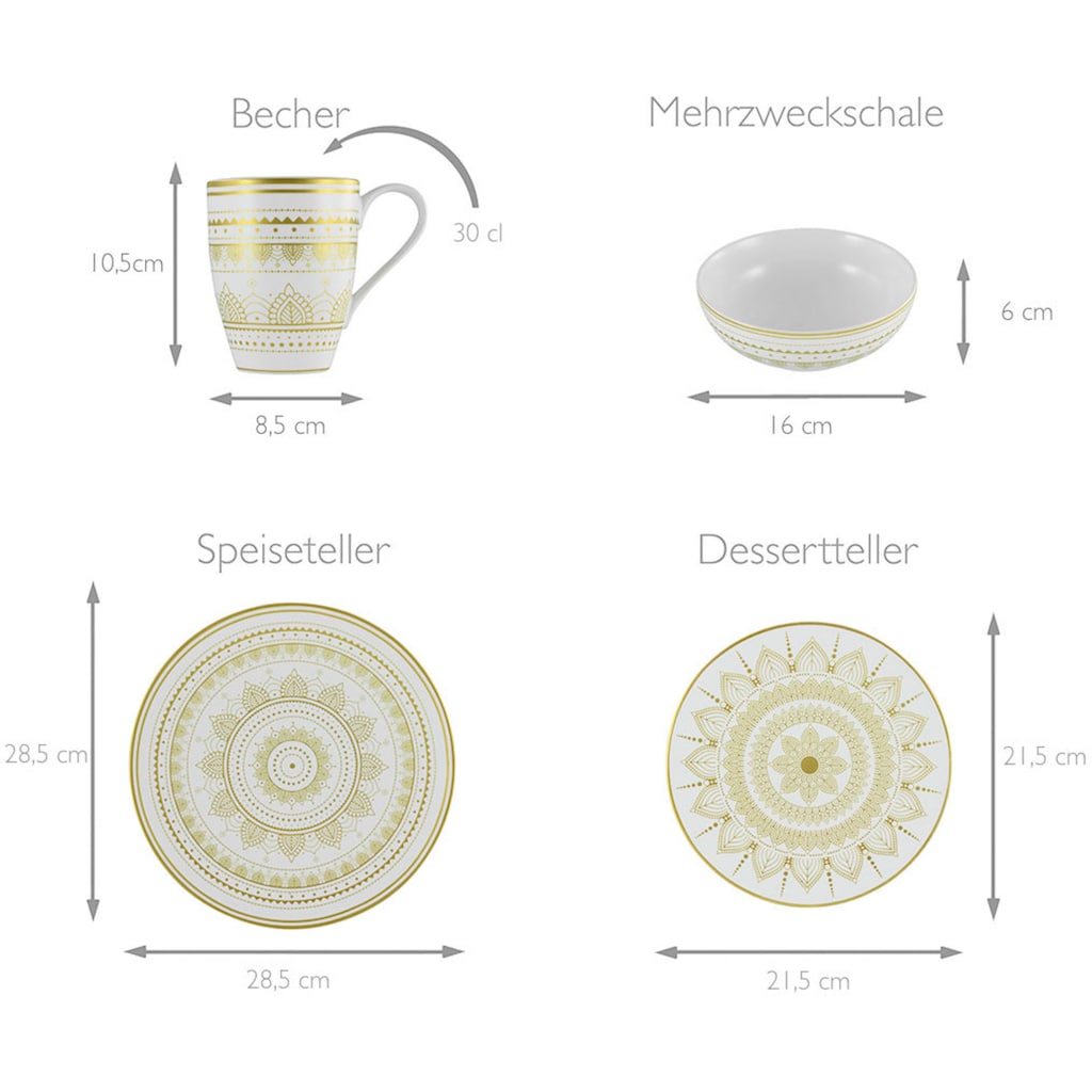 CreaTable Kombiservice »Mandala Gold«, (Set, 8 tlg., Kaffeeservice und Tafelservice im Set, für 2 Personen)