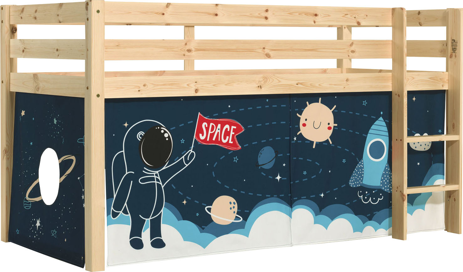 Vipack Spielbett "Pino, Kiefer massiv, mit Rolllattenrost u. Textil-Set, Made in Europe" B/H/T ca. 210x114x106cm, mit Leiter und Absturzschutz, verschiedene Textil Dessins, 3 Gestellfarben zur Wahl