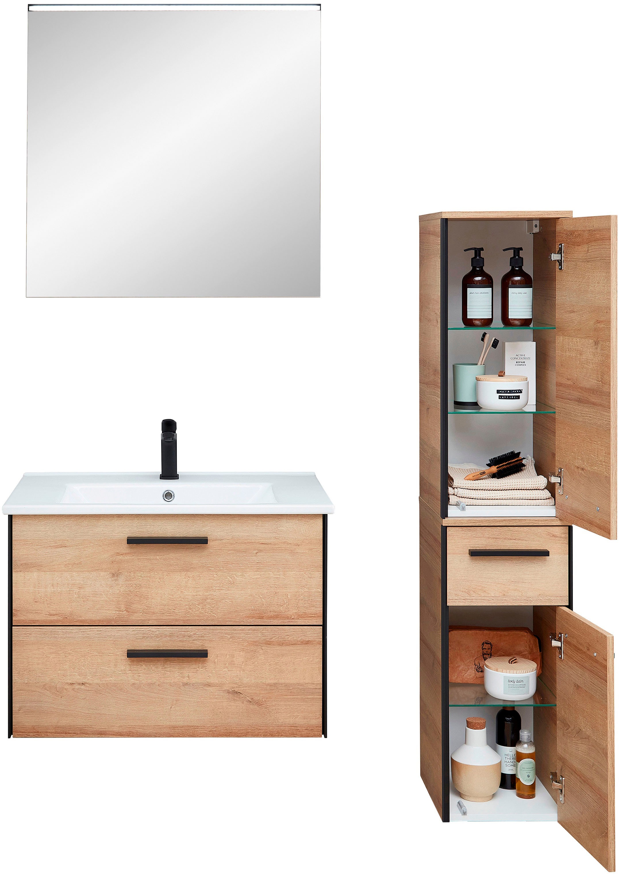 Saphir Badmöbel-Set »Quickset 395 3-teilig, Keramikwaschtisch mit LED-Spiegel«, (5 St.), Midischrank, inkl. Türdämpfer, 2 Türen, 3 Schubladen, Bad-Set