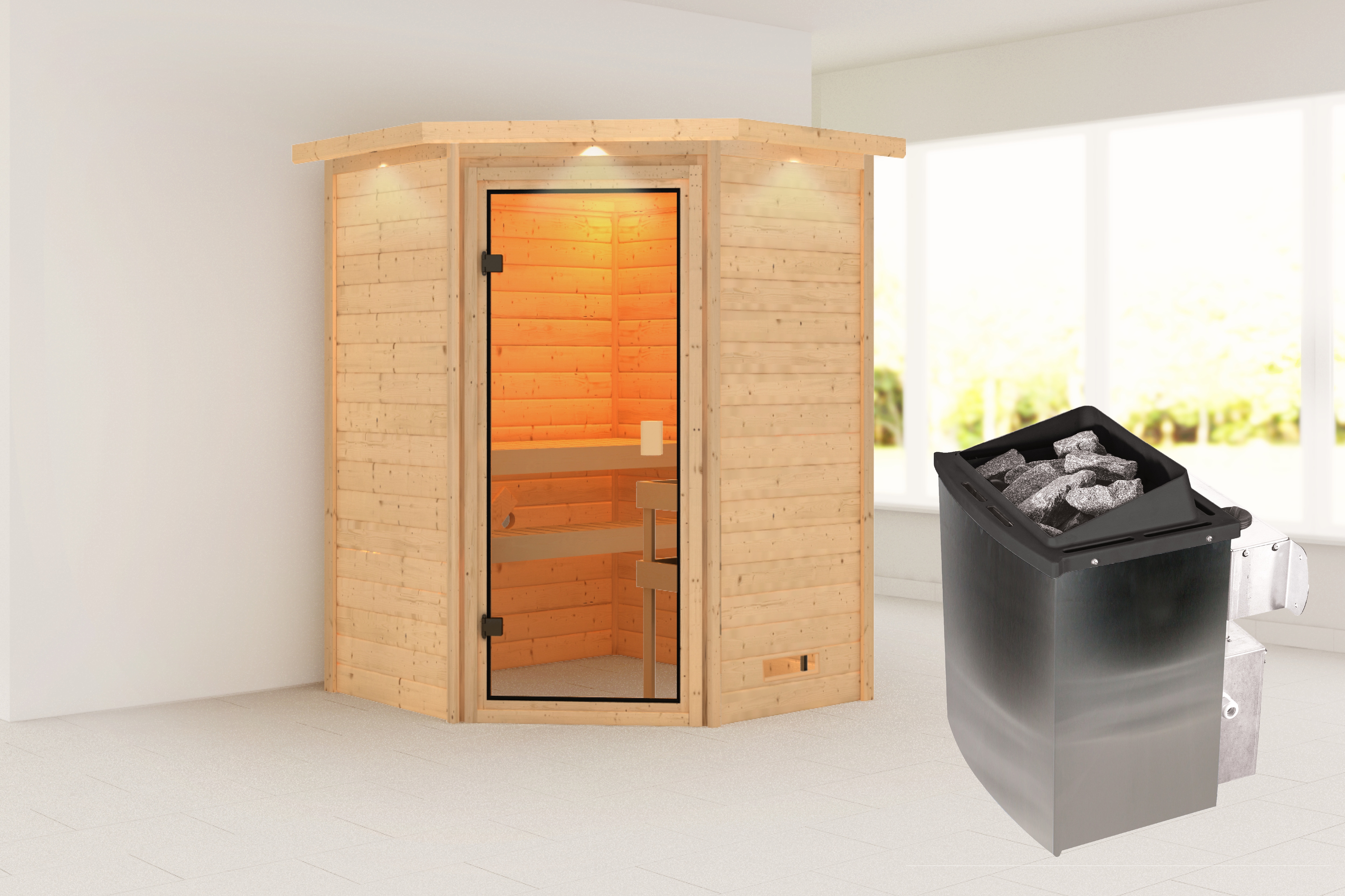 Karibu ""Anni" mit bronzierter Tür und Kranz SET, naturbelassen, mit Ofen 9 kW" aus hochwertiger nordischer Fichte
