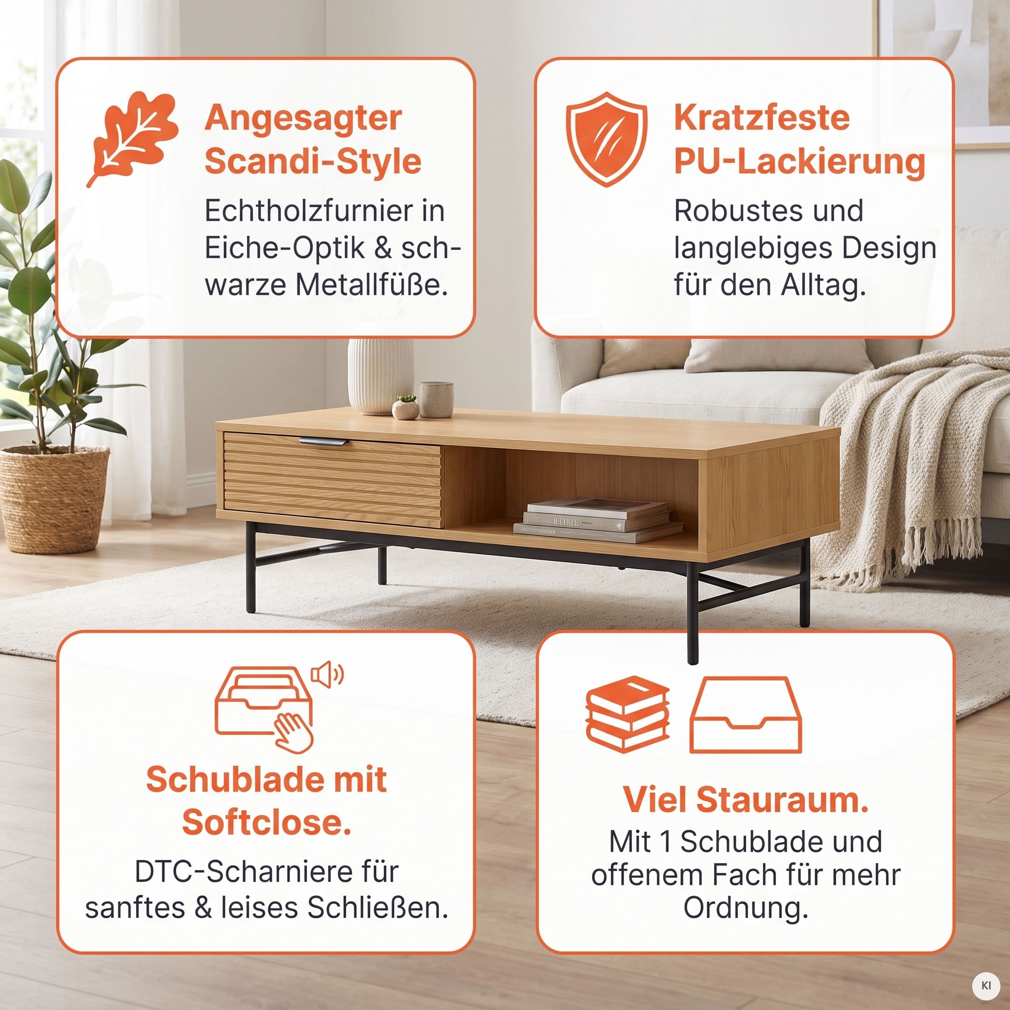 SalesFever Couchtisch »Visby Coffeetableh für stilvolles Wohnen« Eiche Echtholzfurnier