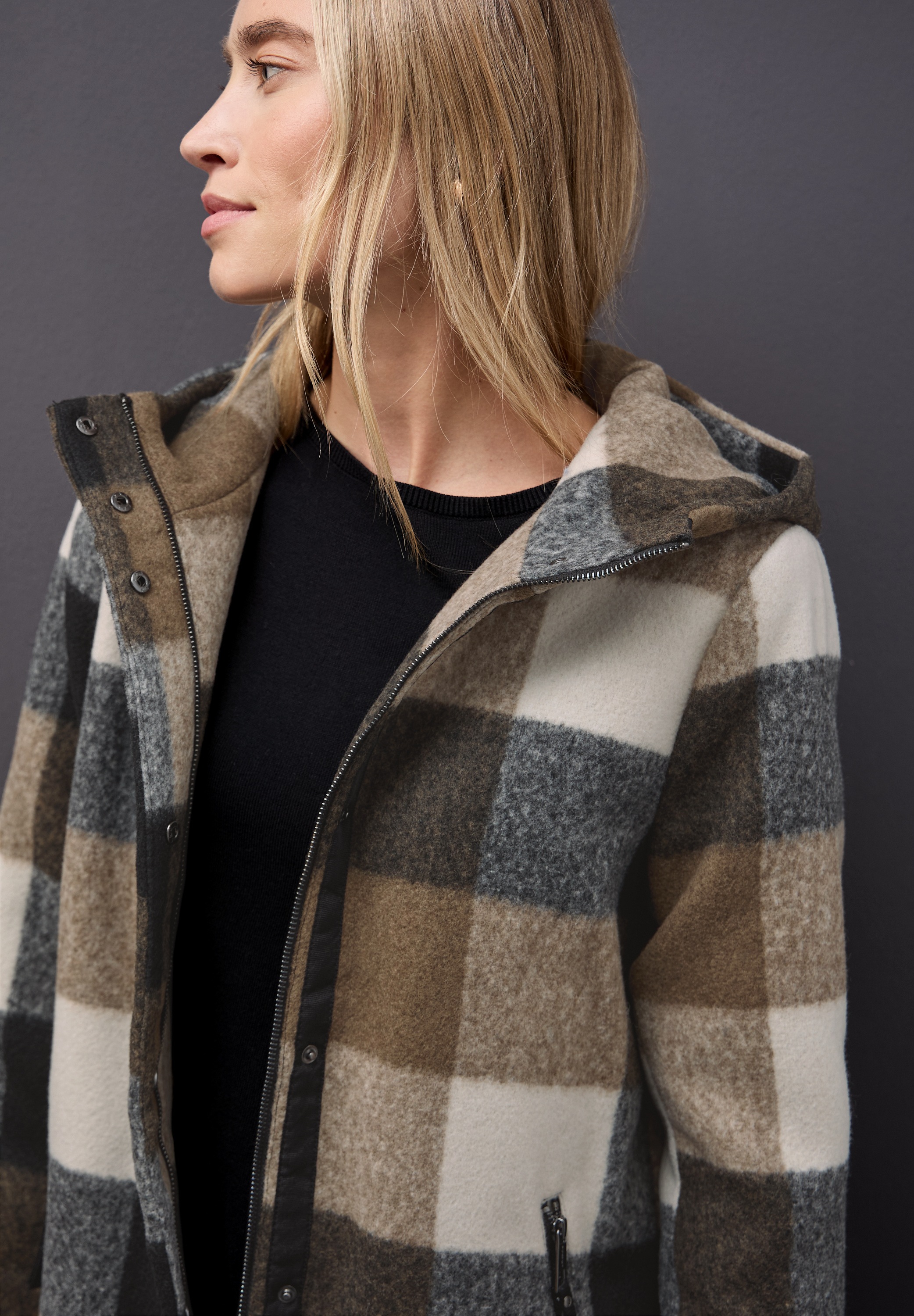 STREET ONE Strickfleecejacke mit Kapuze mit Kapuze, kariert günstig online kaufen