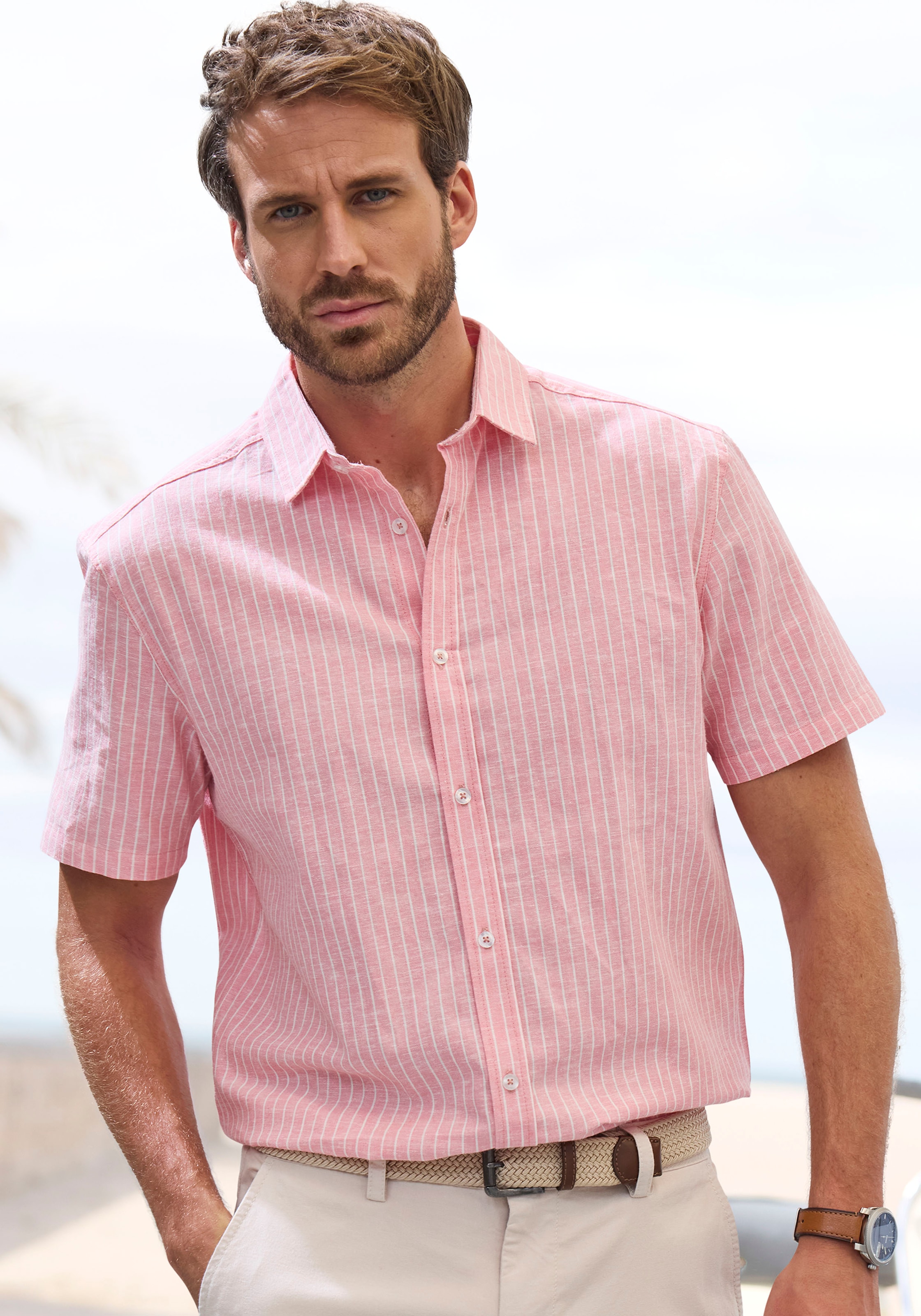 John Devin "in Leinenoptik," Streifenhemd aus reiner Baumwolle, regular-fit günstig online kaufen