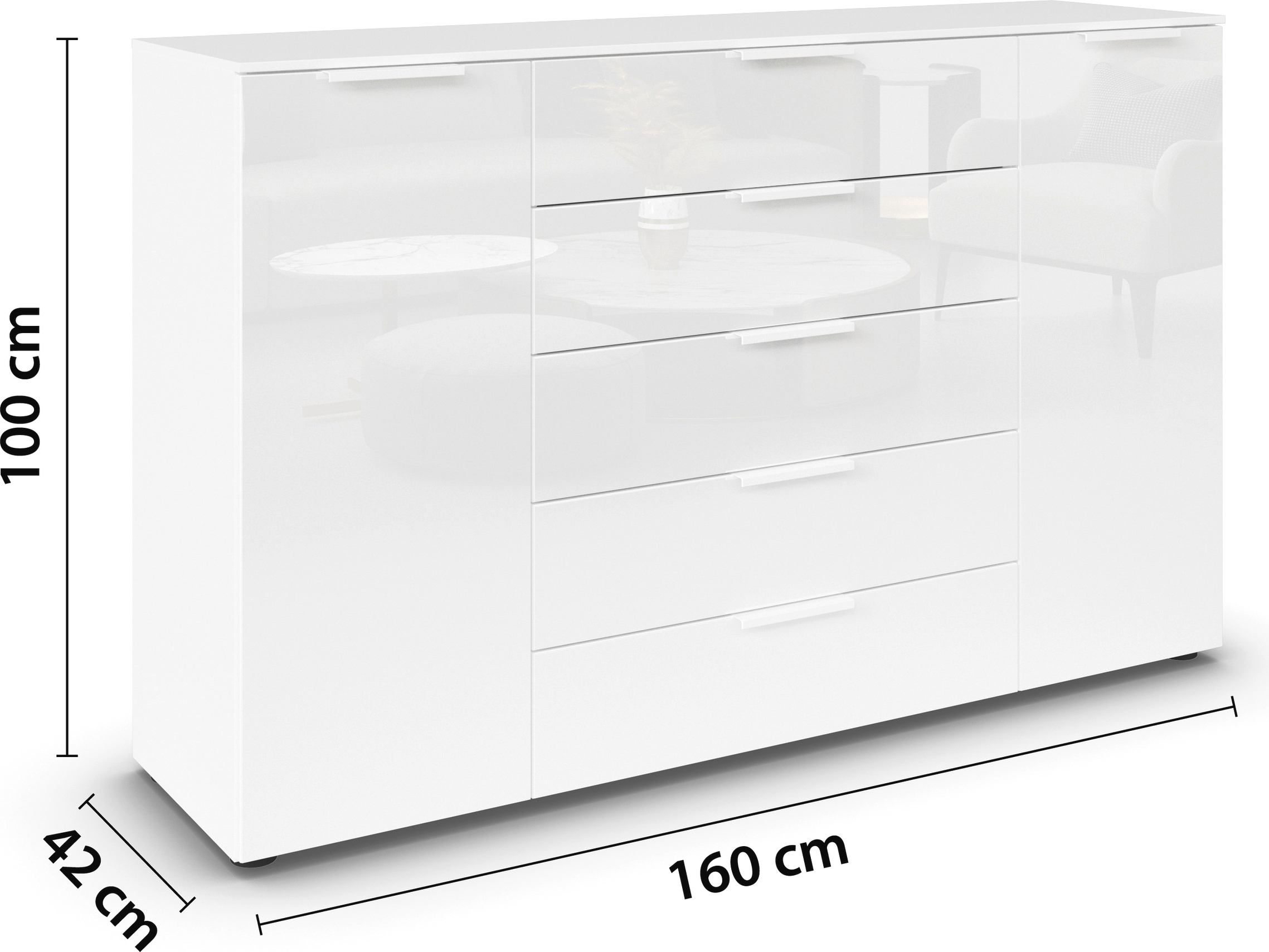rauch Schubkastenkommode »Kommode Türkommode Sideboard Kombikommode FLIPP mit Glasfront«, (Breite 160/180 cm mit 4 Einlegeböden), 2-trg mit 5 Schubladen und Soft-Close, 2 Breiten MADE IN GERMANY