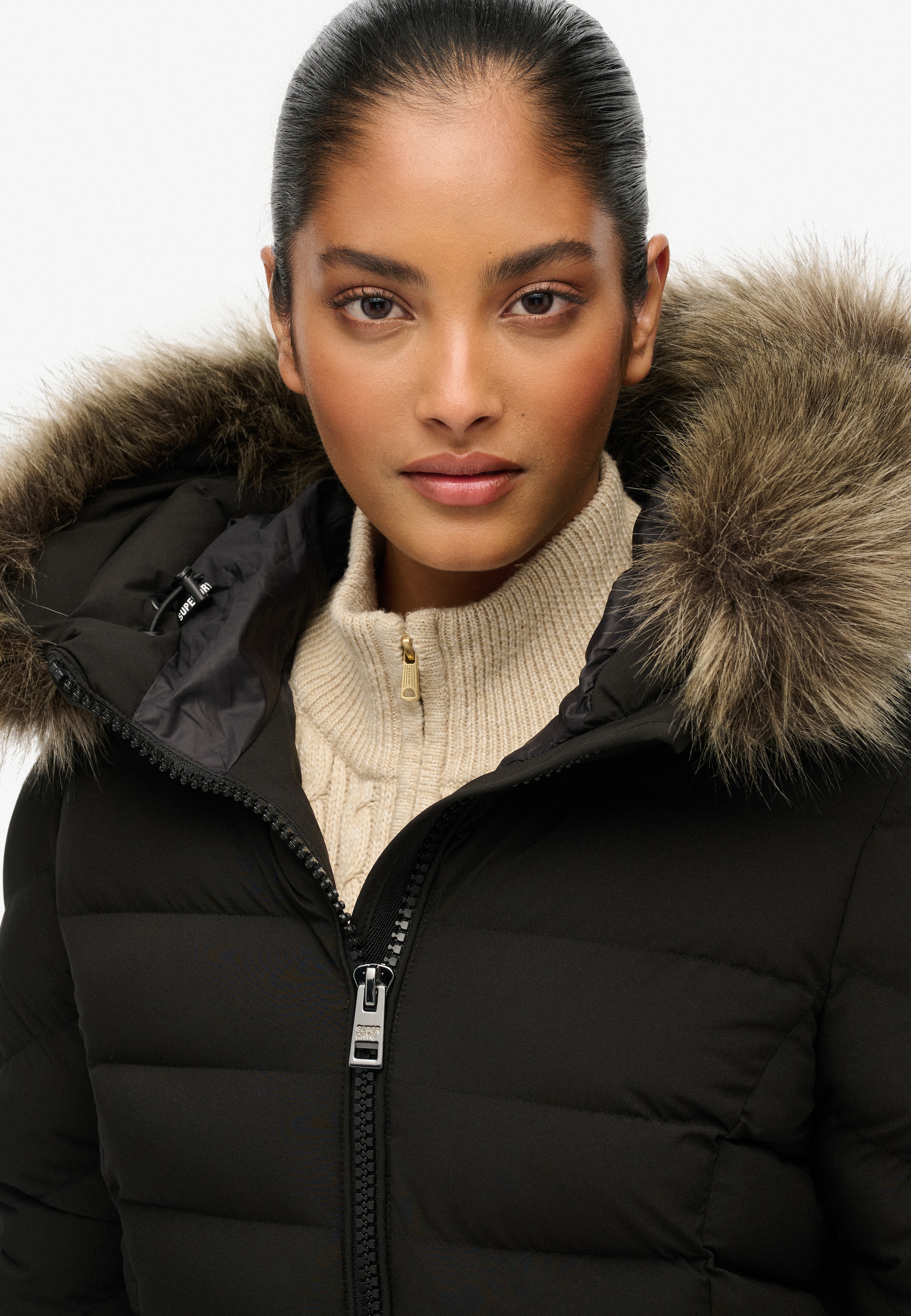 Superdry Steppjacke »FUJI FAUX FUR HOODED LONGLINE«, mit Kapuze