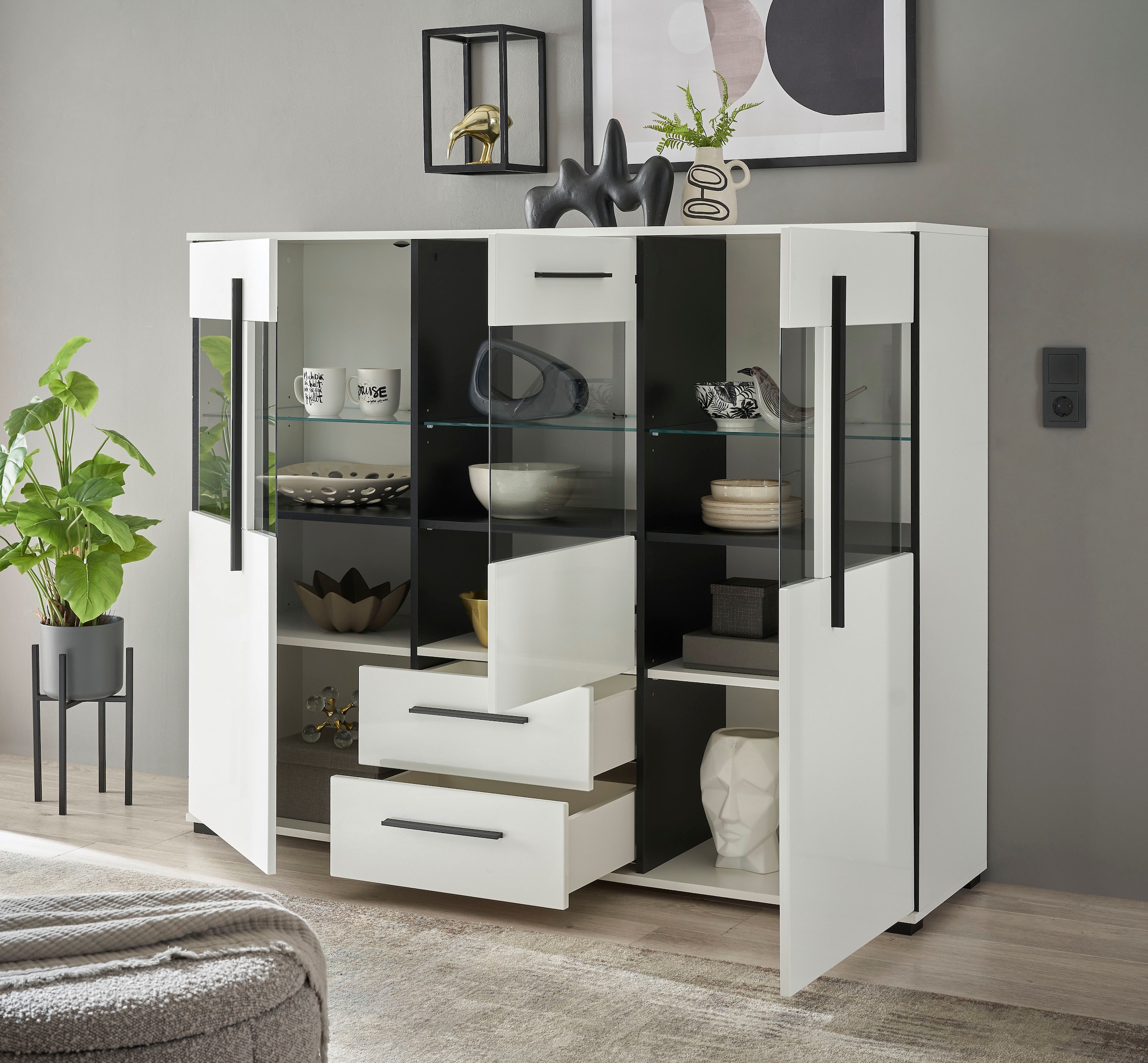 INOSIGN Highboard »Cantara, moderner Schrank, Vitrine in Eiche Dekor oder weiß«, schwarze Stangengriffe, ausreichend Stauraum, vielseitig einsetzbar