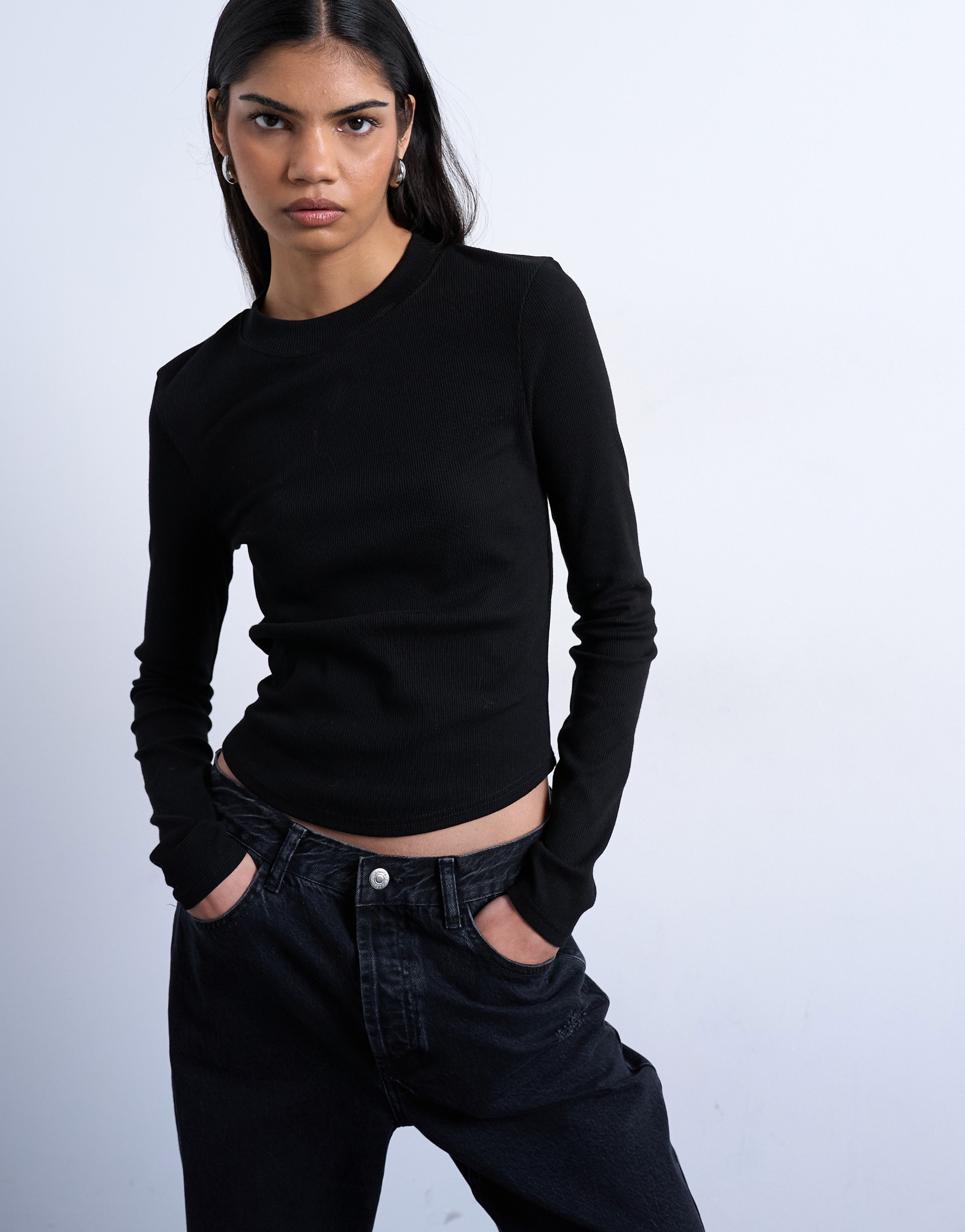 TOPSHOP Langarmshirt "TSBEA LS RIB CURVED HEM TOP JRS NOOS" Baumwollmischung, normal geschnitten