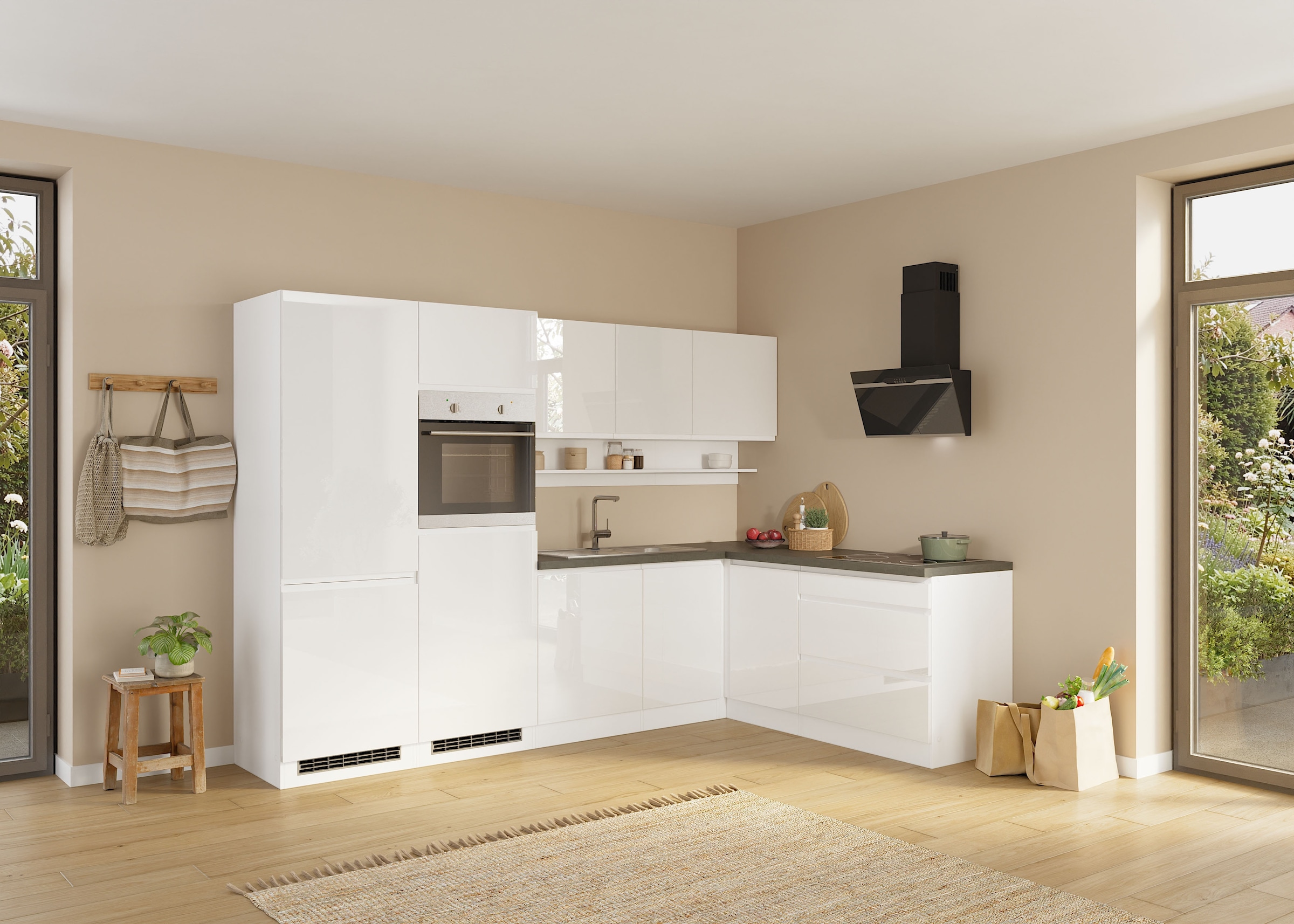 KOCHSTATION Winkelküche »KS-Virginia,neu in verbesserter Ausführung« Arbeitsplatte 38 mm stark, Stauraum, Softclose,  Stellbreite 290/180 cm, Soft-Close, ohne E-Geräte