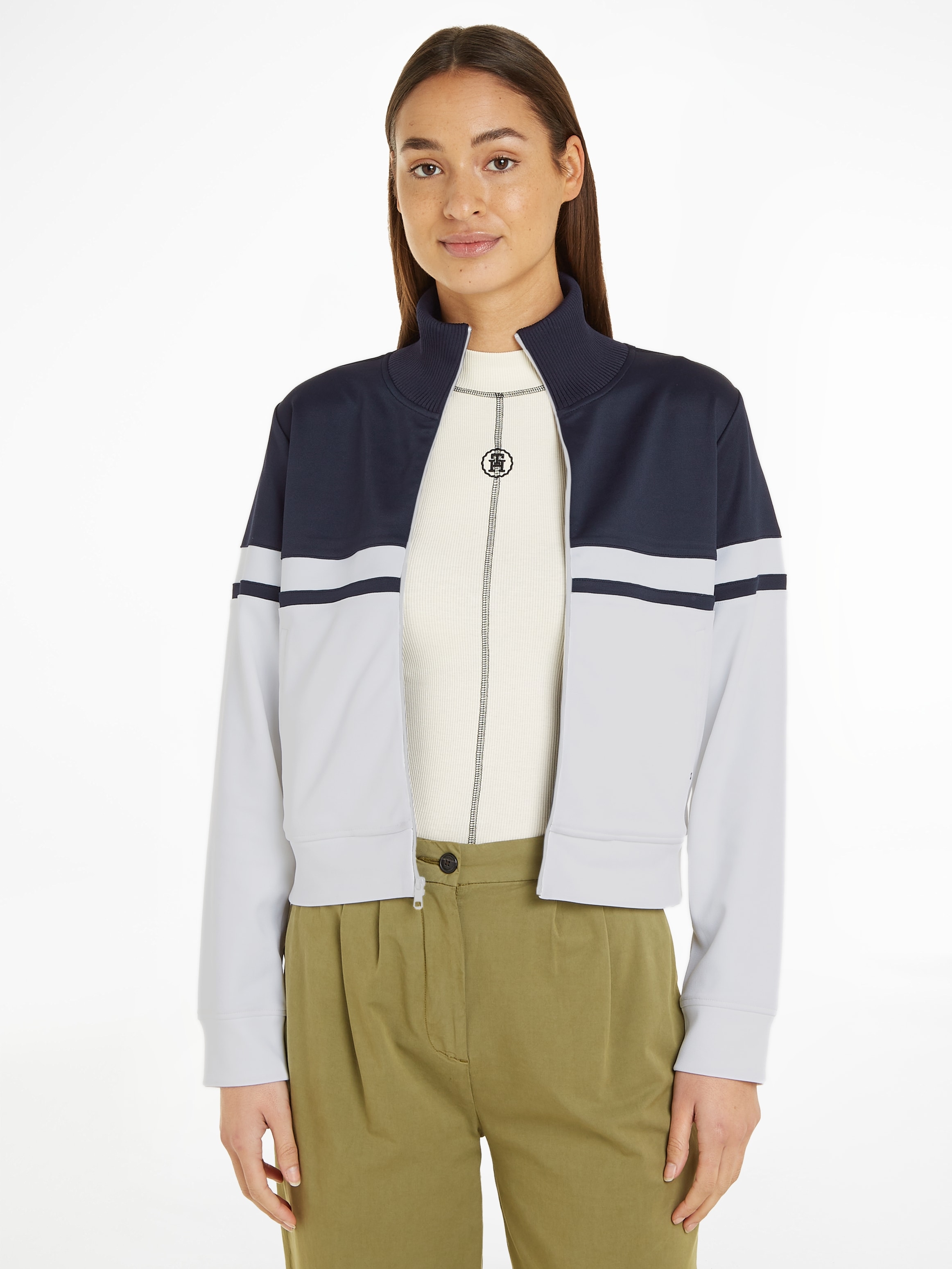 Tommy Hilfiger Sweatjacke "BLOCKED STRIPE REG ZIPTHRU HWK", mit Logostickerei