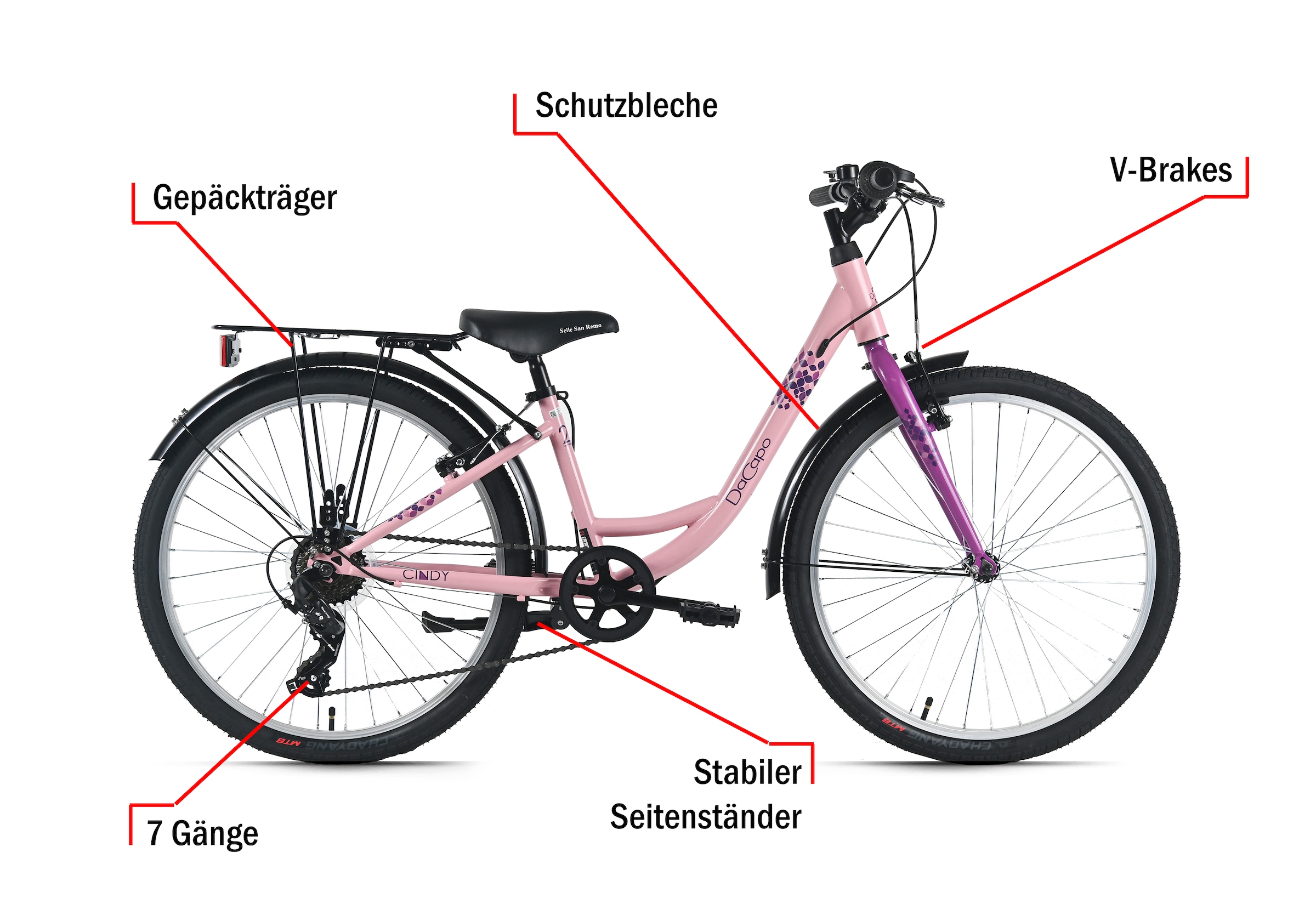 Dacapo Kinderfahrrad »DaCapo Kinderfahrrad 24" Cindy 7 Gänge - Ab 8 Jahre« 7 Gang Kettenschaltung