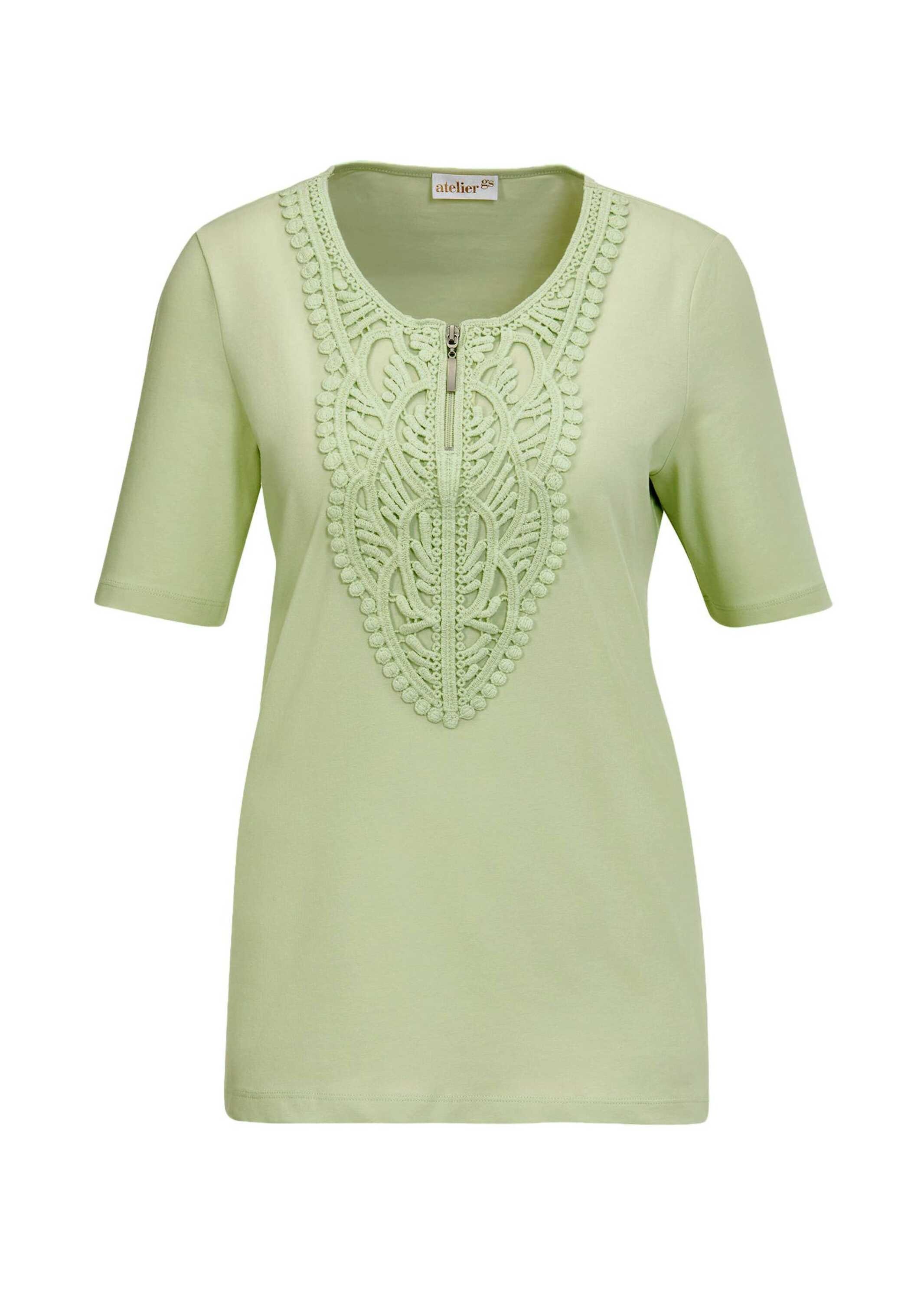 Kurzarmshirt GOLDNER "Rundhalsshirt mit Häkelspitze", Damen, Gr. 40, grün (lindgrün), Obermaterial: 92% Baumwolle CO. 8% Elasthan EL., Tubular, Shirts, Effektvolle Häkelspitze