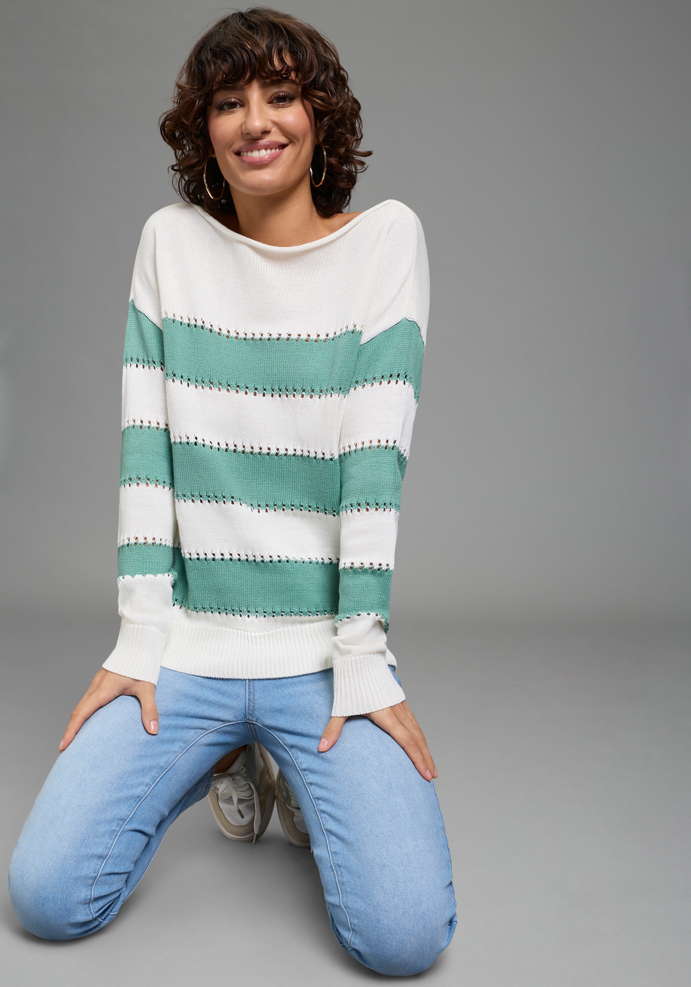 Laura Scott Streifenpullover leichter Sommerpullover mit modernem Lochmuster