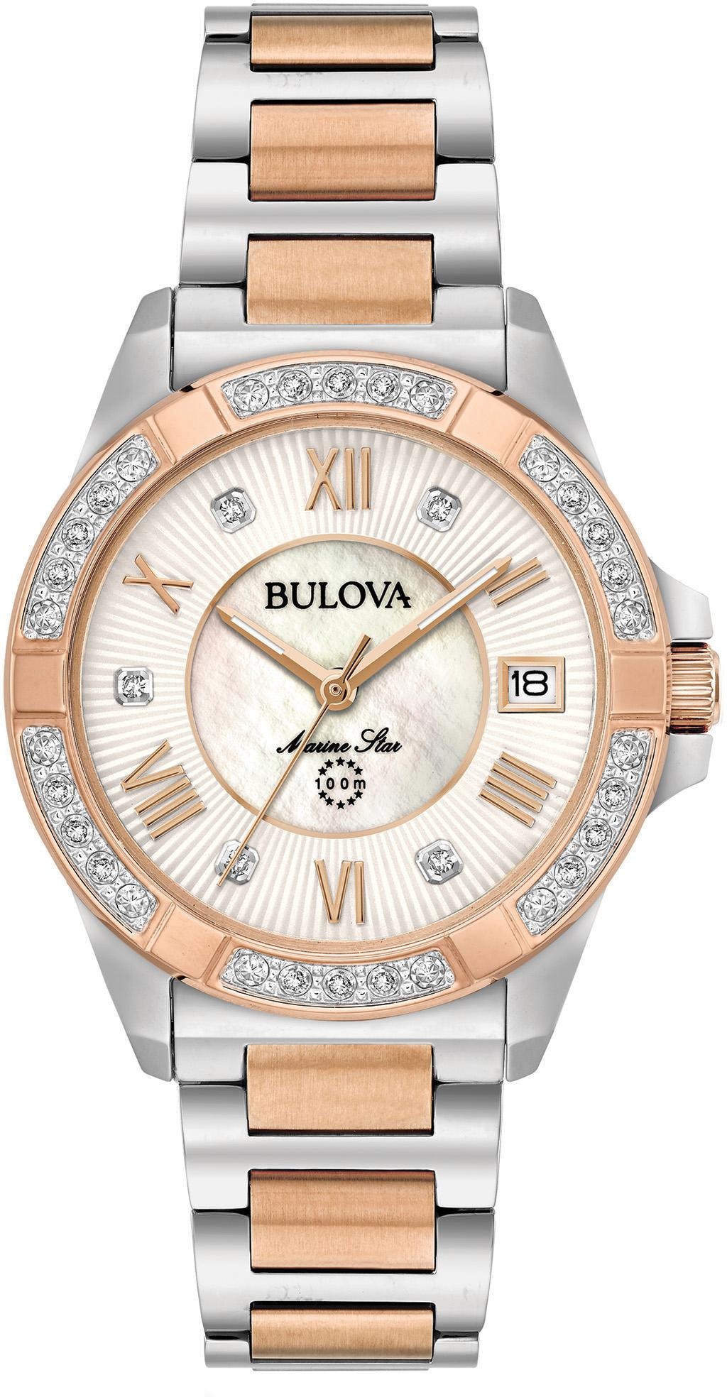 Bulova Quarzuhr »Marine Star, 98R234«, Armbanduhr, Damenuhr, Edelstahlarmband, mit Diamanten, Saphirglas