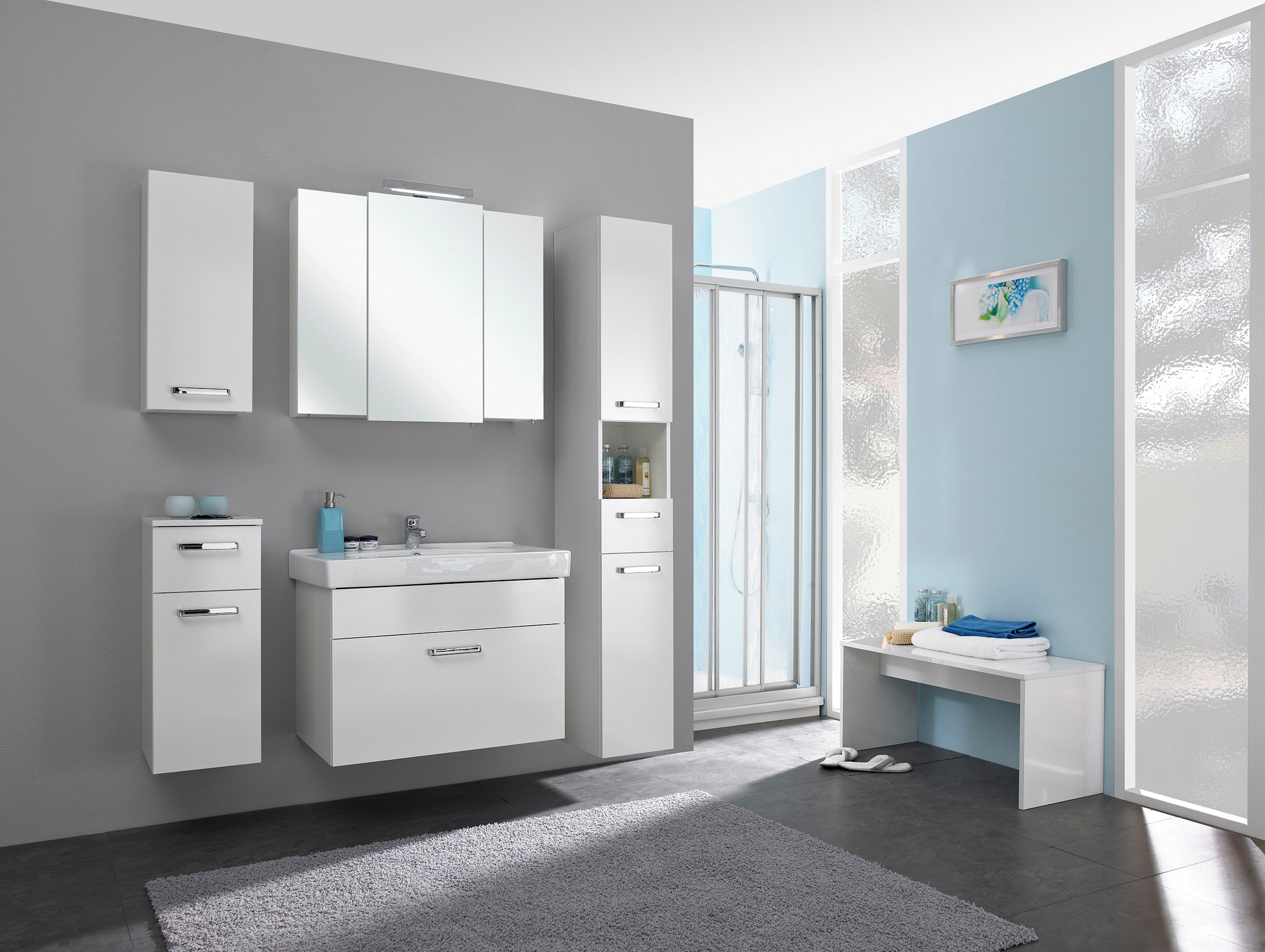 Saphir Badmöbel-Set »Quickset 3-teilig, Keramik-Waschtisch mit LED-Spiegelschrank, Bad-Set«, (4 St.), mit Hochschrank, 5 Türen, 2 Schubladen, Waschplatz inkl. Türdämpfer