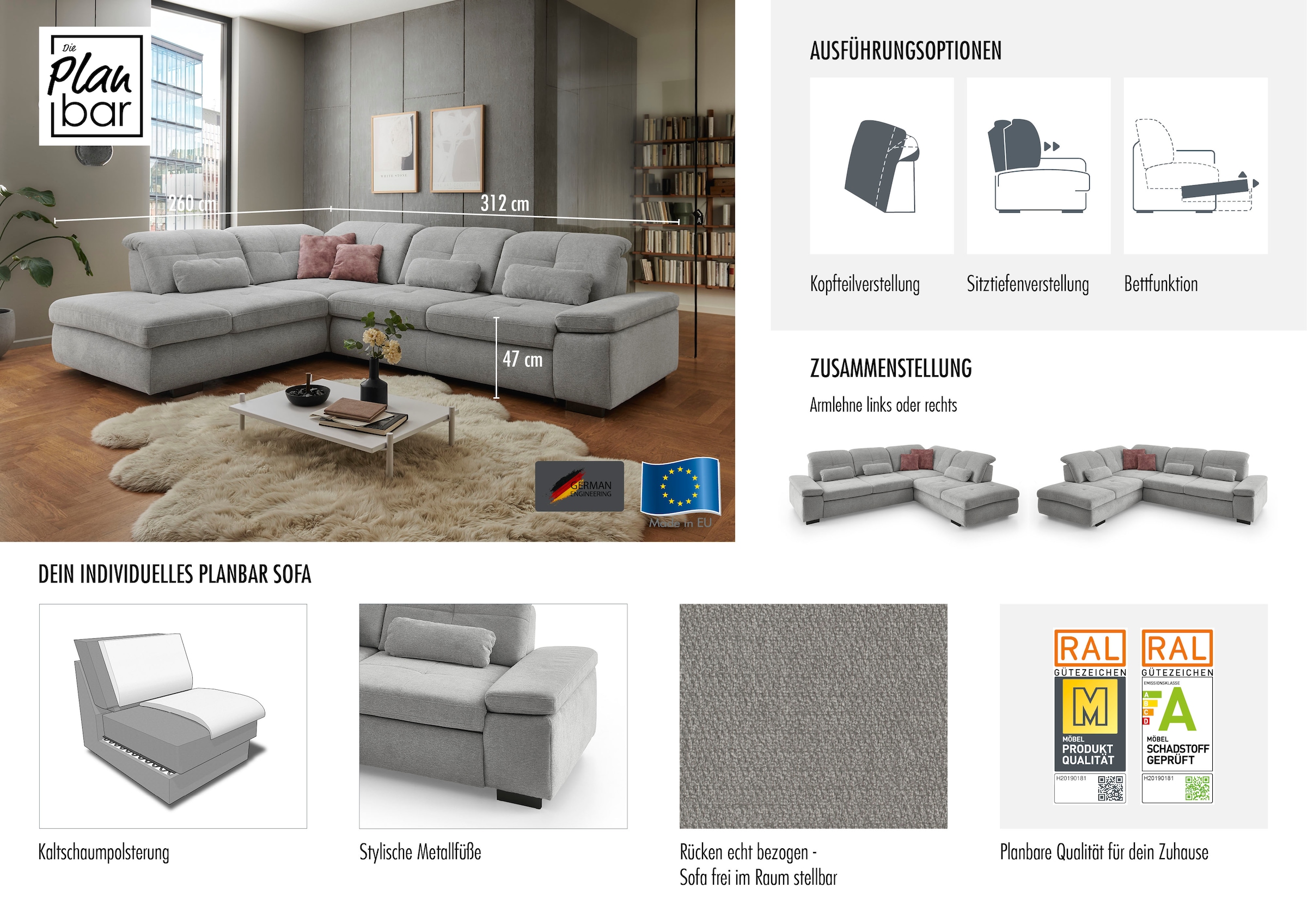 Die PlanBar Ecksofa »MP-IN16012 L-Form Kaltschaum-Polsterung«, inkl. Sitztiefenverstellung, optional mit Funktionen
