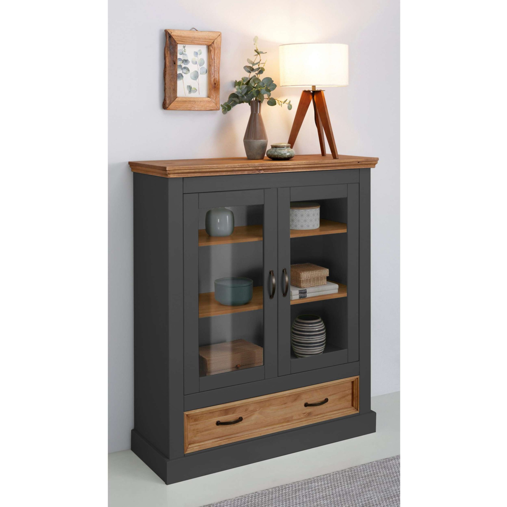 Vitrine OTTO HOME, B:100cm H:120cm T:38cm, grau, Glas, MDF, Massivholz, Wohnzimmer, Schränke, "Selma Highboard", aus massivem Kiefernholz, mit