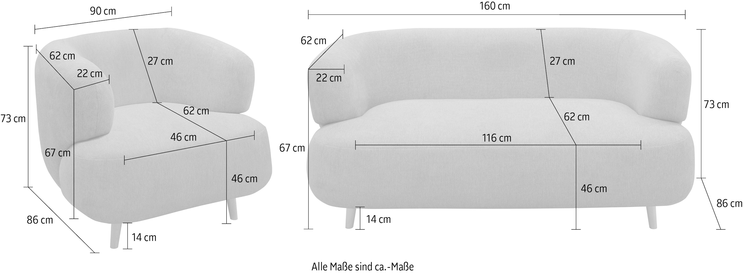 andas Polstergarnitur »Tistam«, 2-teilig, 2-Sitzer und Sessel, runde, organische Form