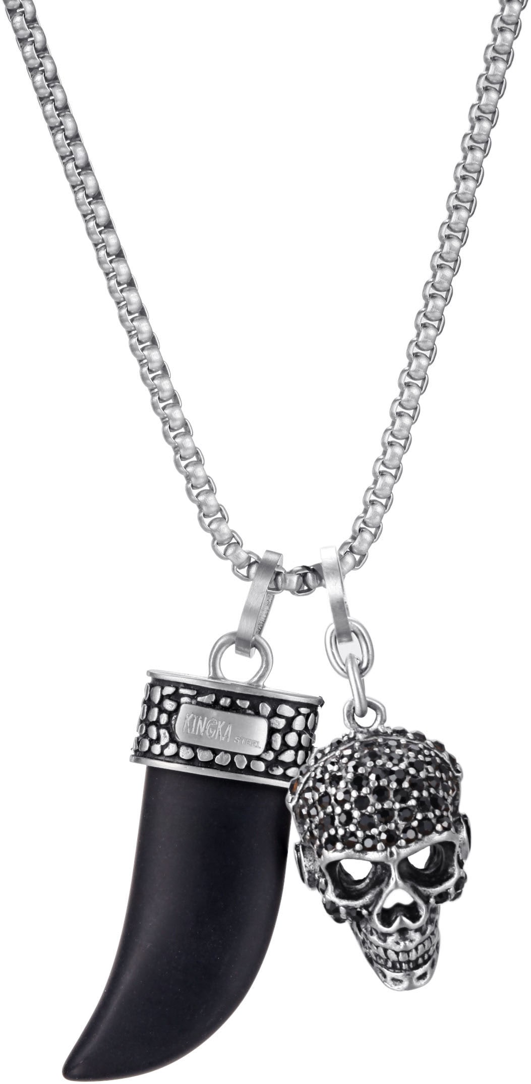 KINGKA Damen Kette mit Anhänger "Schmuck Geschenk Edelstahl Halskette Zahn Totenkop", Edelstahl, L: 65, schwarz, Edelstahl, Halsketten, mit Onyx,