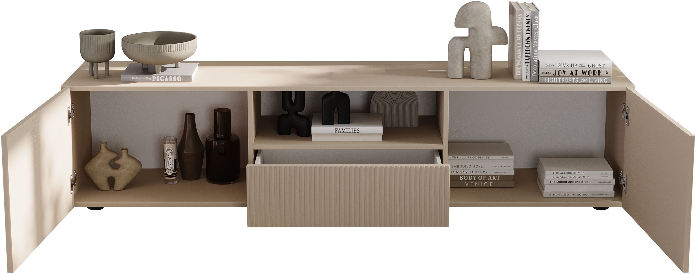 Thumbnail - Home affaire Lowboard "Rio Breite 181 cm, TV-Board 2 Türen u. 1 Schubkasten, TV-Schrank" geriffelte MDF-Fronten, modern ...