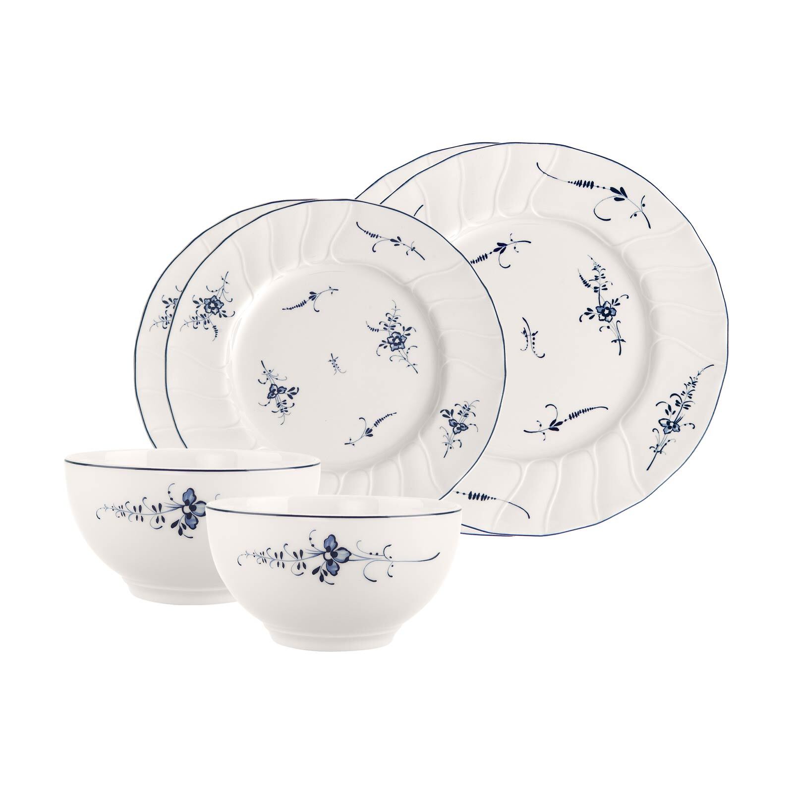 Villeroy & Boch Geschirr-Set "Basic-Set Vieux Luxembourg 6er Set weiß-blau" Spülmaschinengeeignet, Mikrowellengeeignet