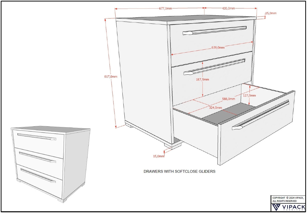 Vipack Schubkastenkommode »SAM mit 3 geräumigen Schubladen und viel Stauraum« (B/H/T ca. 67,7x61,7x43 cm) Schubladen mit Soft-Close,  Pflegeleichte Oberfläche in Eiche oder Weiß Dekor
